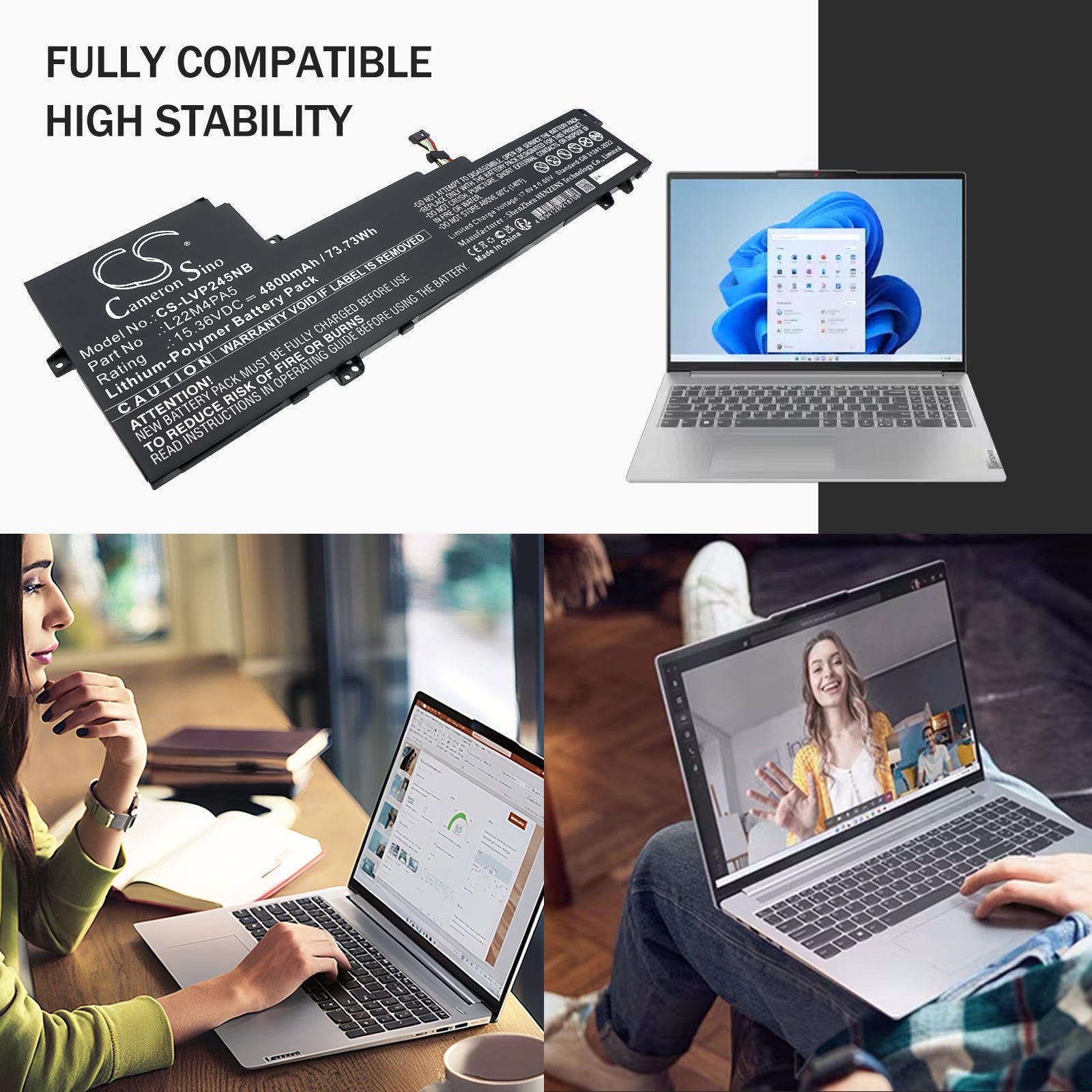 15.36V, Li-Polymer, 4800mAh, Battery fits Lenovo IdeaPad Slim 5 16ABR8, IdeaPad Slim 5 16ABR8 82XG0001RK, 73.73Wh Notebook, Laptop Cameron Sino Technology Limited