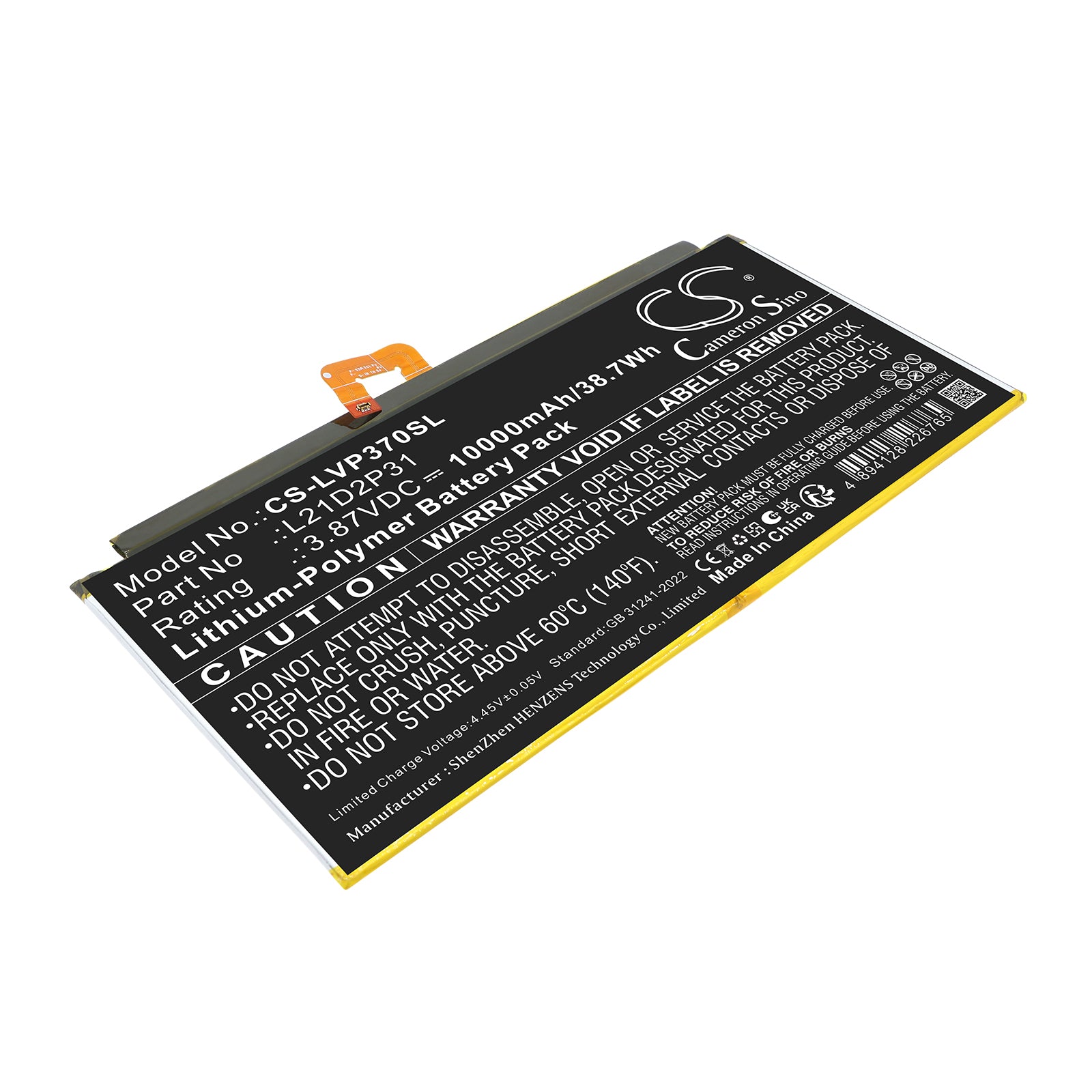 3.87V, Li-Polymer, 10000mAh, Battery fits Lenovo Tab P12, Tab P12 2023, 38.7Wh Tablet Cameron Sino Technology Limited