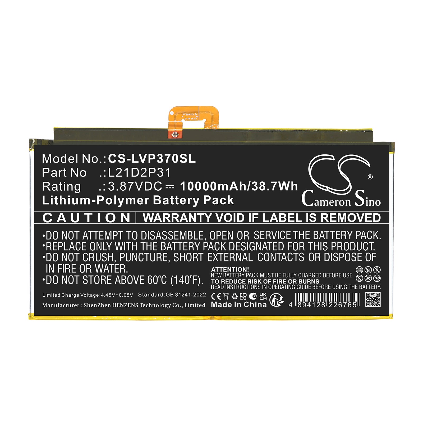 3.87V, Li-Polymer, 10000mAh, Battery fits Lenovo Tab P12, Tab P12 2023, 38.7Wh Tablet Cameron Sino Technology Limited