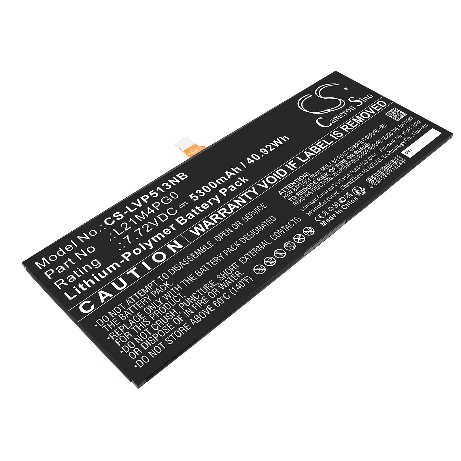 7.72V, Li-Polymer, 5300mAh, Battery fits Lenovo IdeaPad Duet 5 Chromebook 13Q7C6 82QS0000US, 40.92Wh Notebook, Laptop Cameron Sino Technology Limited