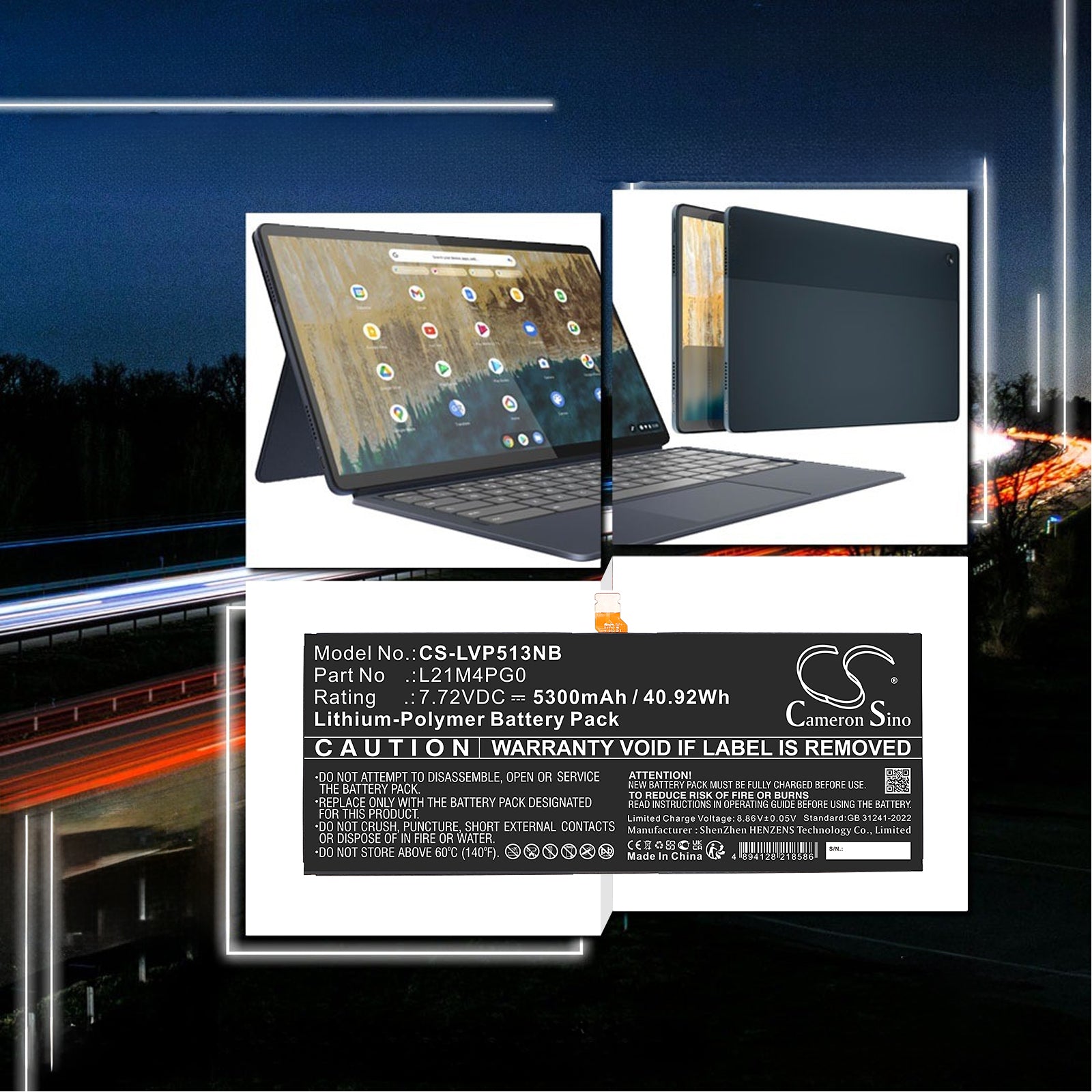 7.72V, Li-Polymer, 5300mAh, Battery fits Lenovo IdeaPad Duet 5 Chromebook 13Q7C6 82QS0000US, 40.92Wh Notebook, Laptop Cameron Sino Technology Limited