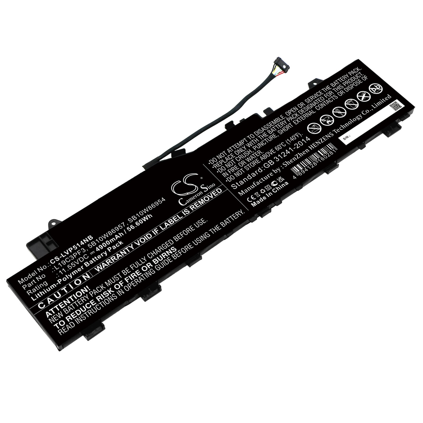 Li-ion Notebook Battery fits Lenovo, 5b10w86957, L19c3pf3, Sb10w86954 11.55V, 4900mAh Notebook & Laptop Cameron Sino Technology Limited