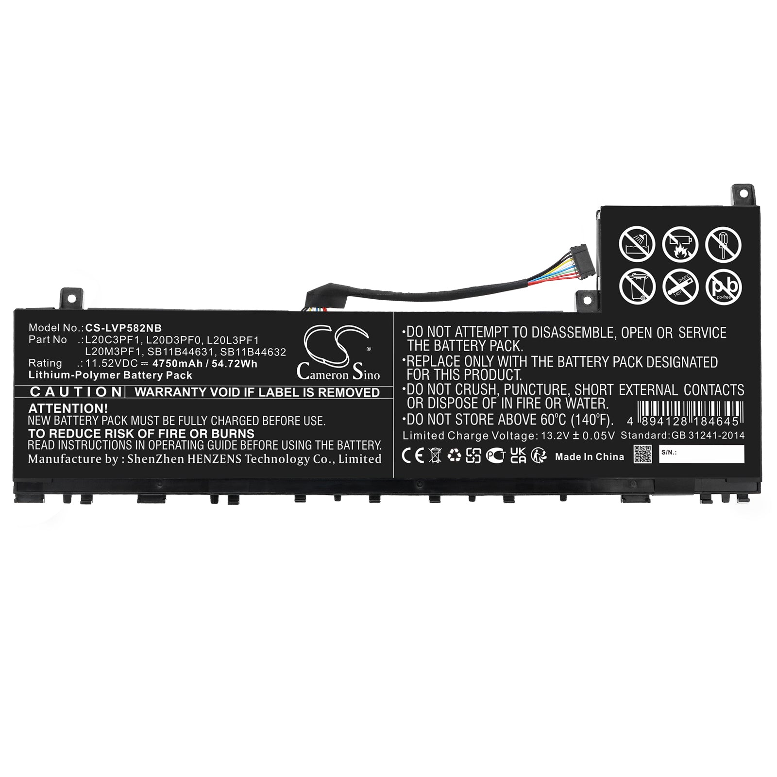 Li-Polymer, Notebook, Laptop Battery fits Lenovo Ideapad 5 Pro 14acn6 82l50098t, Ideapad 5 Pro 14acn6 82l7000tr, 11.52V, 4750mAh Notebook, Laptop Cameron Sino Technology Limited