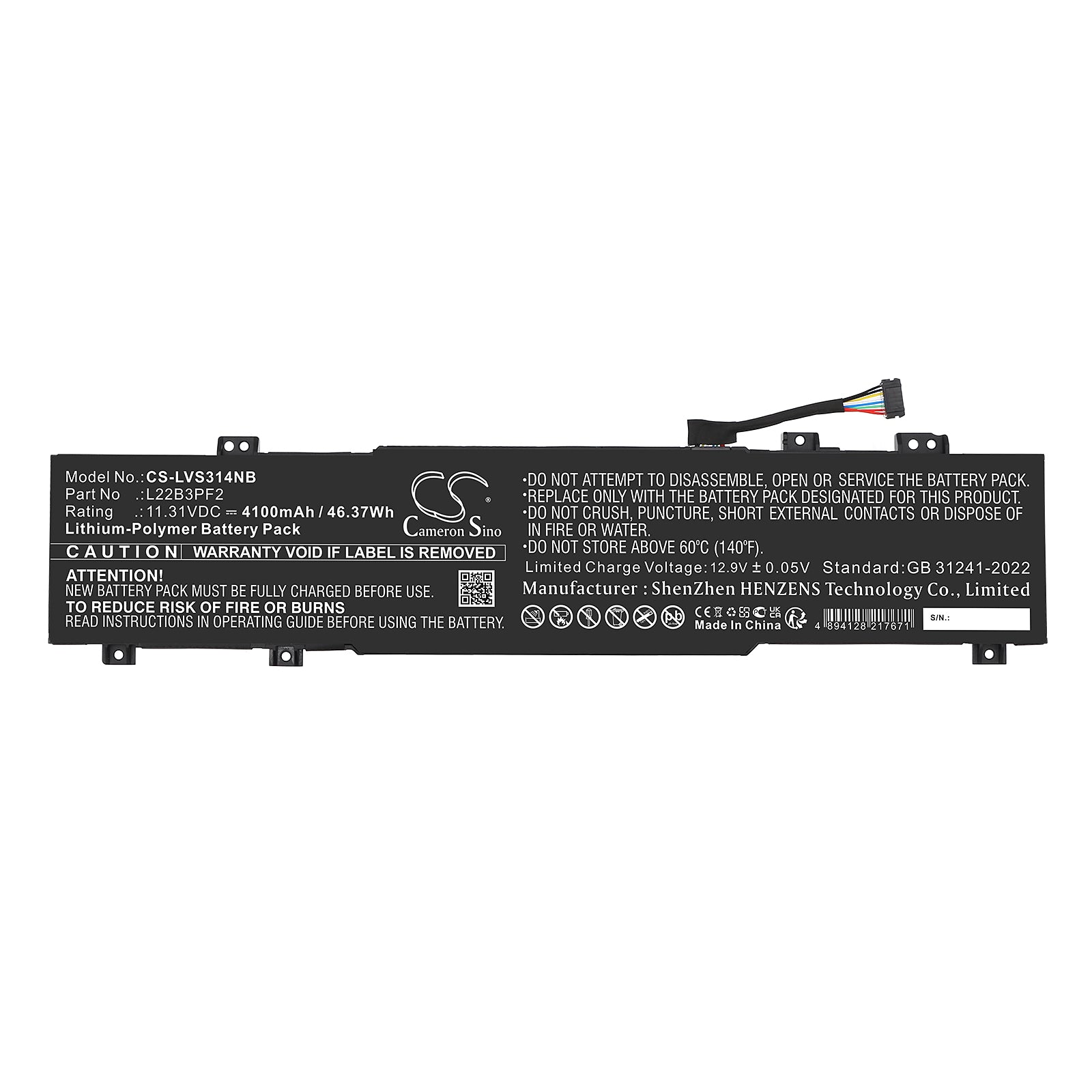 11.31V, Li-Polymer, 4100mAh, Battery fits Lenovo IdeaPad Slim 3 14ABR8 82XL000JHH, IdeaPad Slim 3 14ABR8 82XL0018MJ, 46.37Wh Notebook, Laptop Cameron Sino Technology Limited
