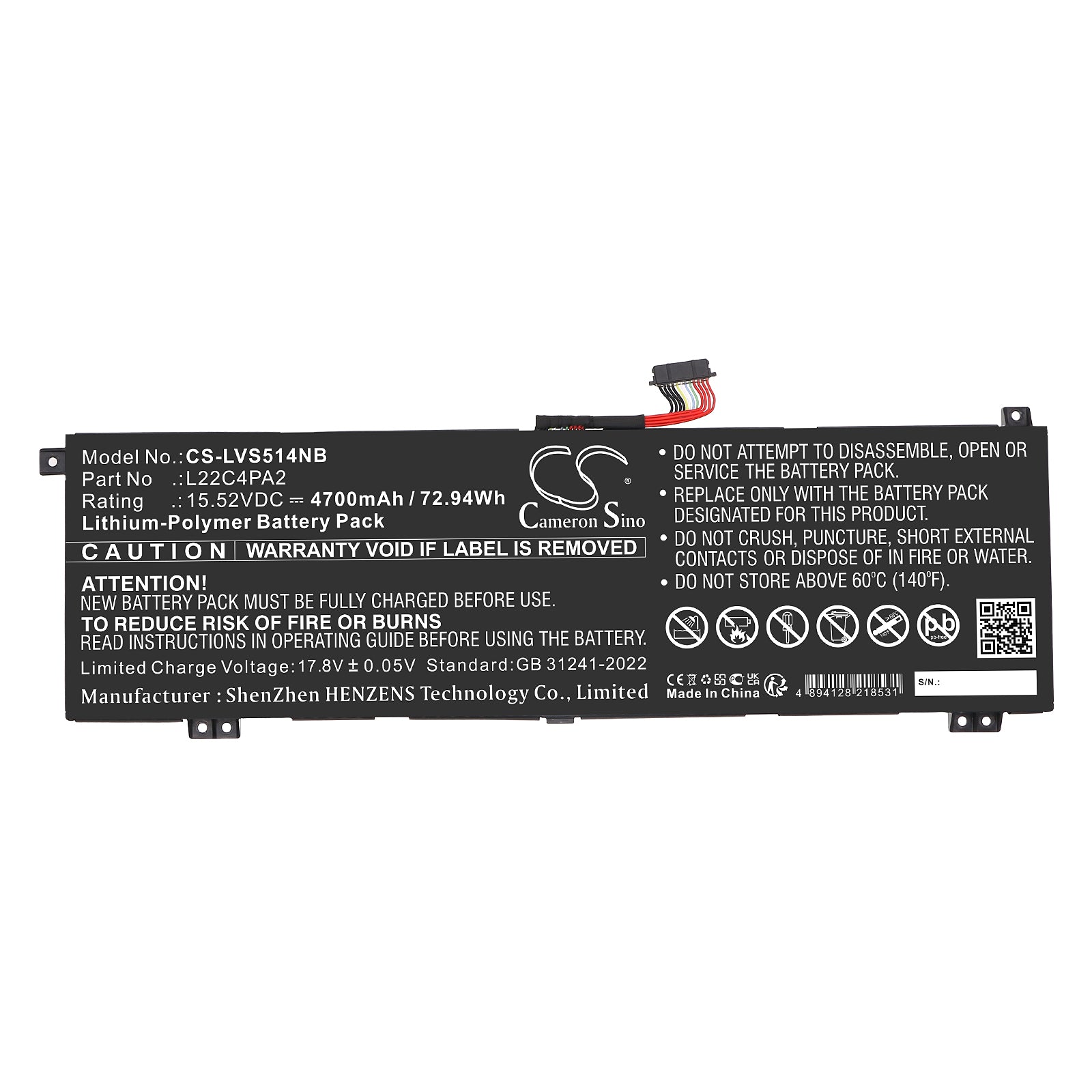 15.52V, Li-Polymer, 4700mAh, Battery fits Lenovo Legion Slim 5 14APH8, Legion Slim 5 14APH8 82Y5004VAU, 72.94Wh Notebook, Laptop Cameron Sino Technology Limited