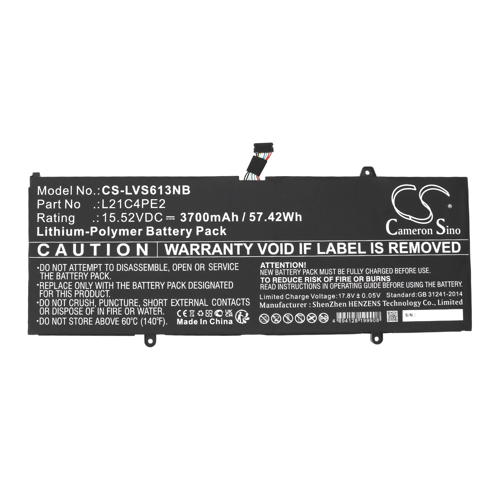 Li-Polymer, Notebook, Laptop Battery fits Lenovo Yoga 6 13abr8 83b20002sb, Yoga 6 13abr8 83b20004tw, 15.52V, 3700mAh Notebook, Laptop Cameron Sino Technology Limited