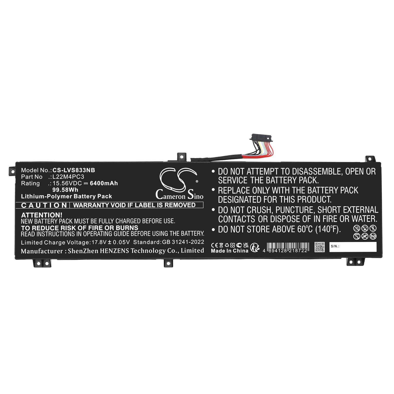 15.56V, Li-Polymer, 6400mAh, Battery fits Lenovo 83AG003QAU, 83AG003RAU, 99.58Wh Notebook, Laptop Cameron Sino Technology Limited