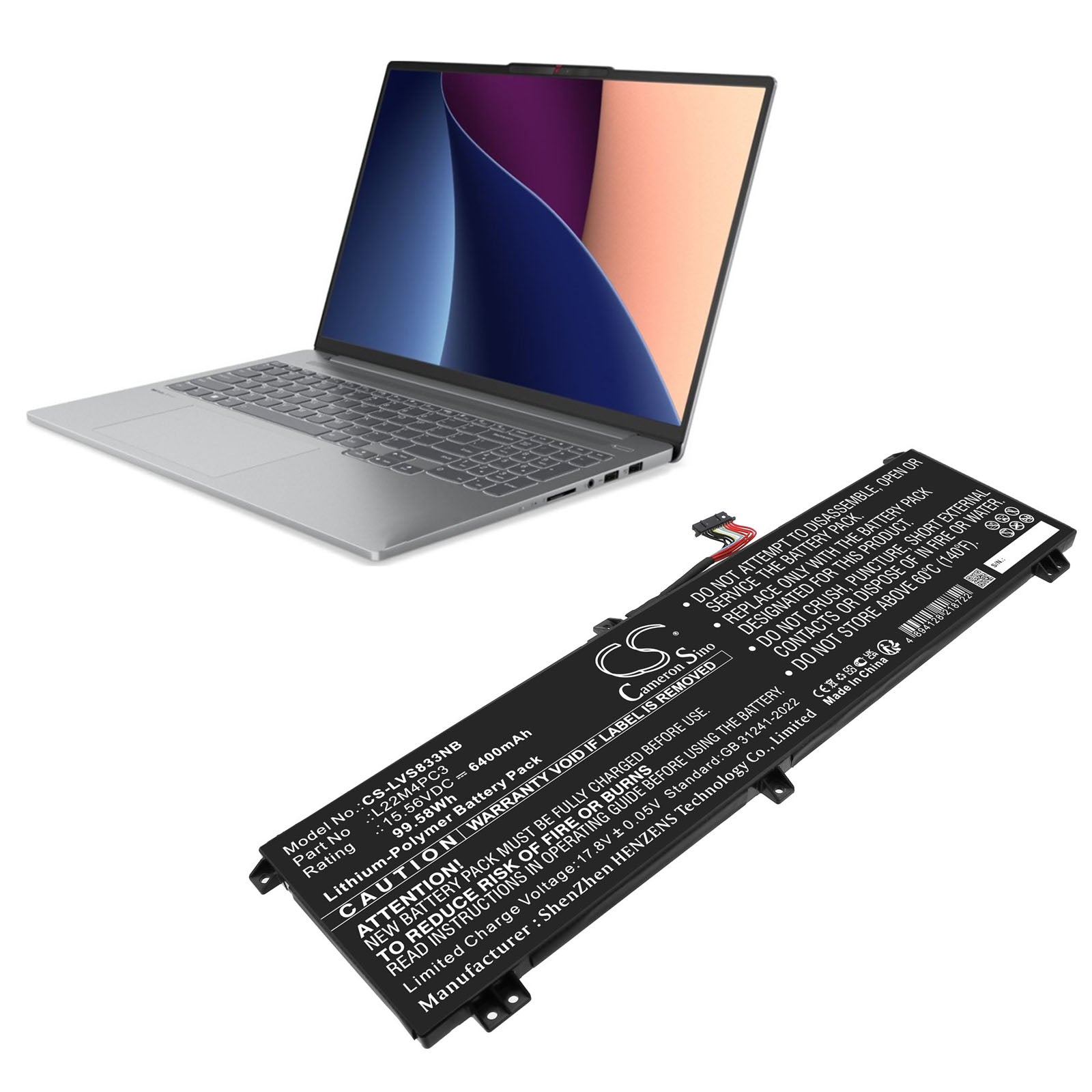 15.56V, Li-Polymer, 6400mAh, Battery fits Lenovo 83AG003QAU, 83AG003RAU, 99.58Wh Notebook, Laptop Cameron Sino Technology Limited