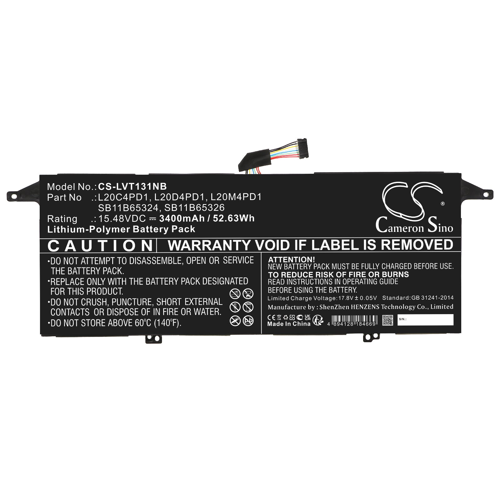 Li-Polymer, Notebook, Laptop Battery fits Lenovo Thinkbook 13x Itg 20wj0001us, Thinkbook 13x Itg 20wj0008kr, 15.48V, 3400mAh Notebook, Laptop Cameron Sino Technology Limited