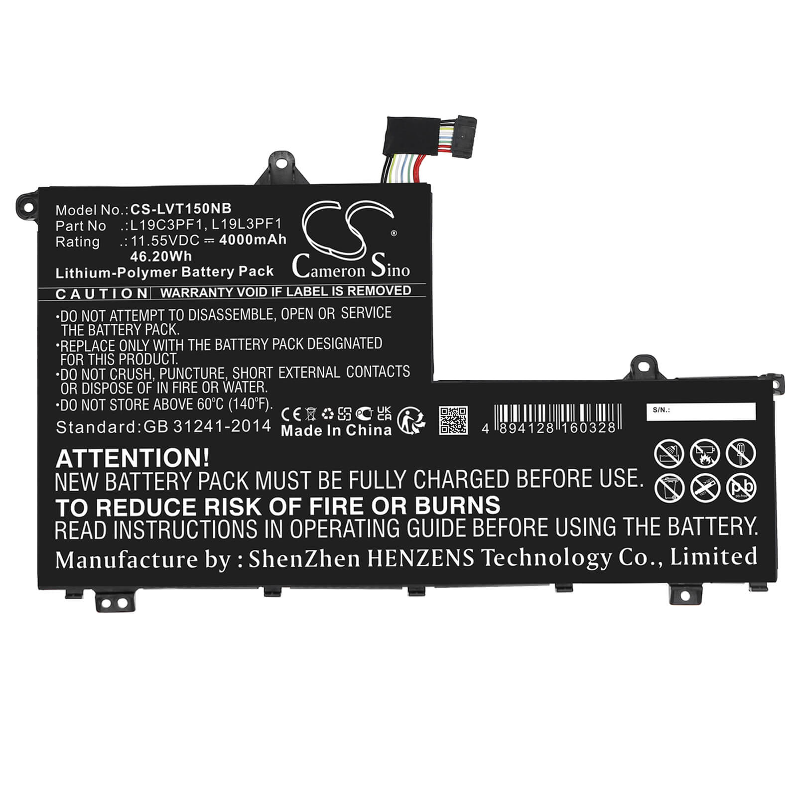Li-ion Notebook Battery fits Lenovo, L19c3pf1, L19l3pf1, Sb10v25242 11.55V, 4900mAh Notebook & Laptop Cameron Sino Technology Limited