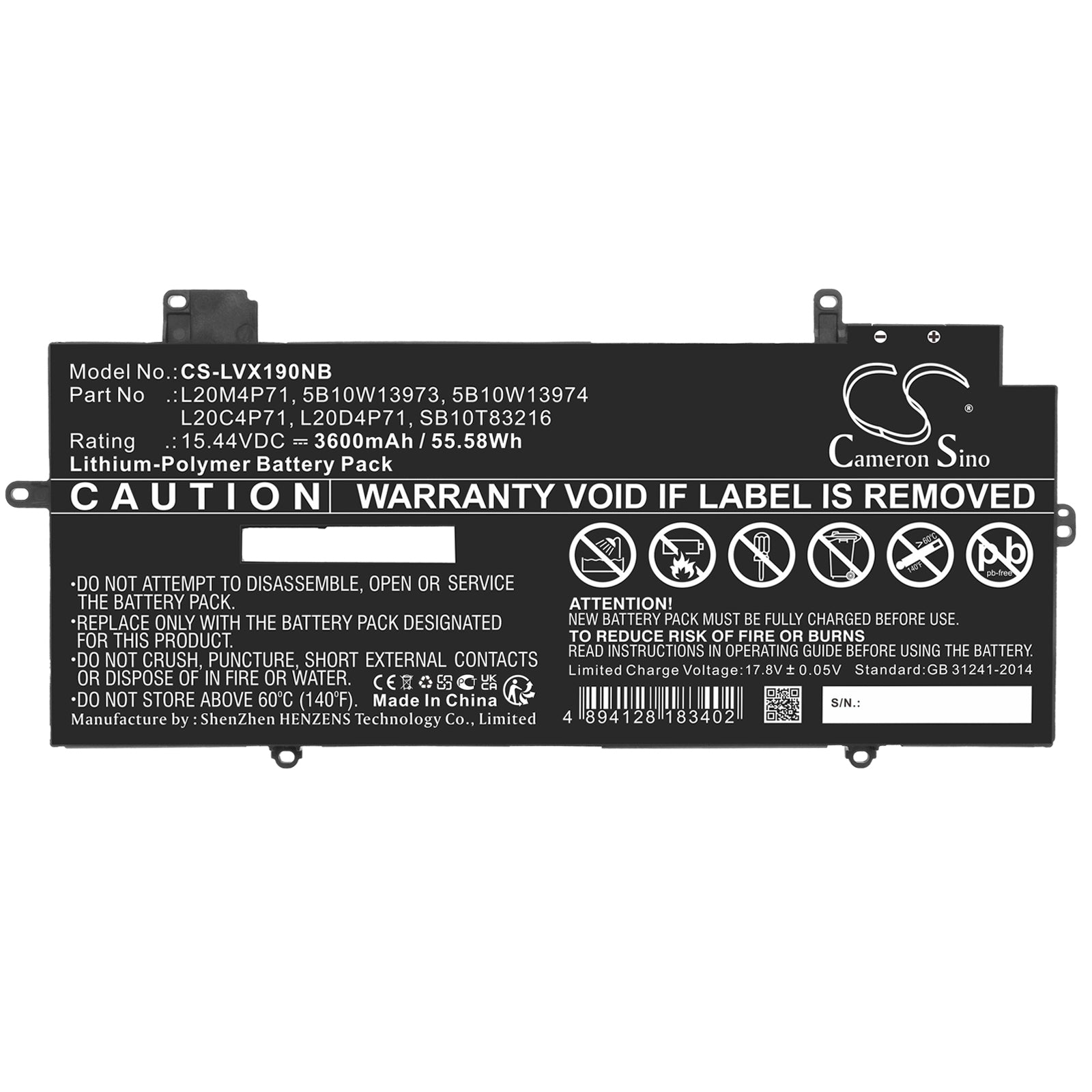 Li-Polymer, Notebook, Laptop Battery fits Lenovo Thinkpad X1 Carbon G9 20xw002d, Thinkpad X1 Carbon G9 20xw005g, 15.44V, 3600mAh Notebook, Laptop Cameron Sino Technology Limited