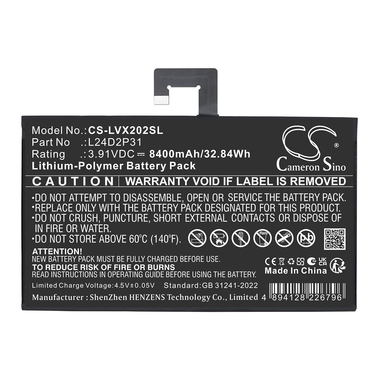3.91V, Li-Polymer, 8400mAh, Battery fits Lenovo XiaoXin Pad Pro 2024, 32.84Wh Tablet Cameron Sino Technology Limited
