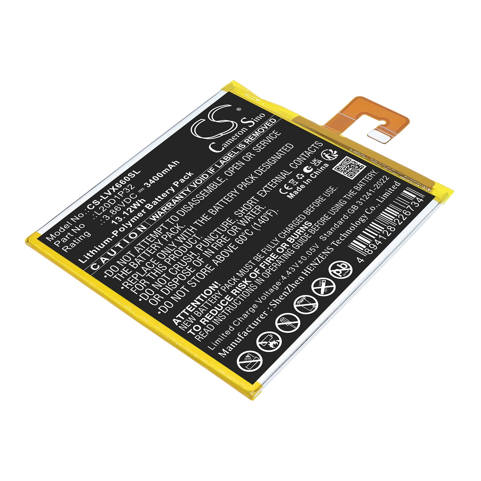 3.86V, Li-Polymer, 3400mAh, Battery fits Lenovo TB-X6C6F, TB-X6C6X, 13.12Wh Tablet Cameron Sino Technology Limited