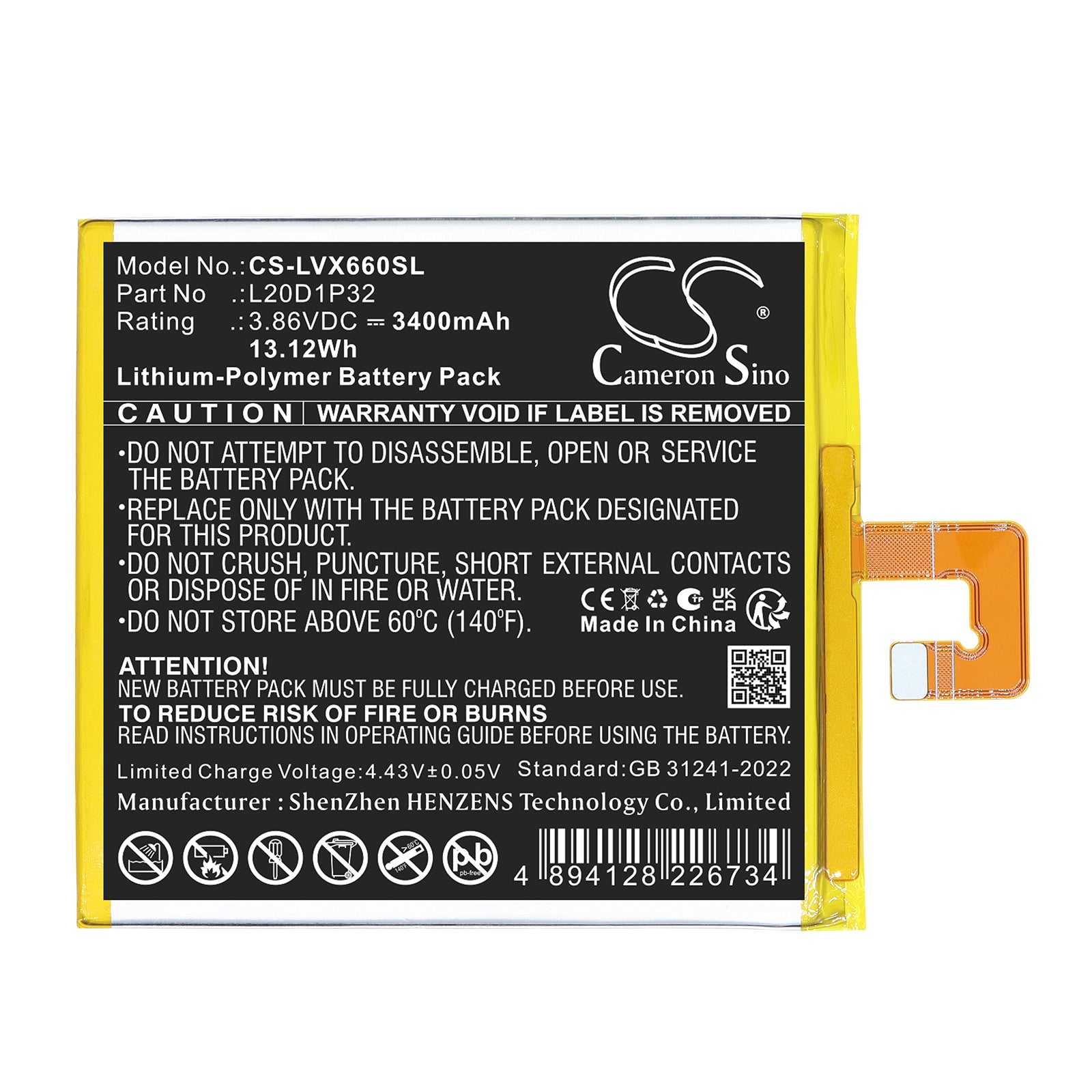 3.86V, Li-Polymer, 3400mAh, Battery fits Lenovo TB-X6C6F, TB-X6C6X, 13.12Wh Tablet Cameron Sino Technology Limited