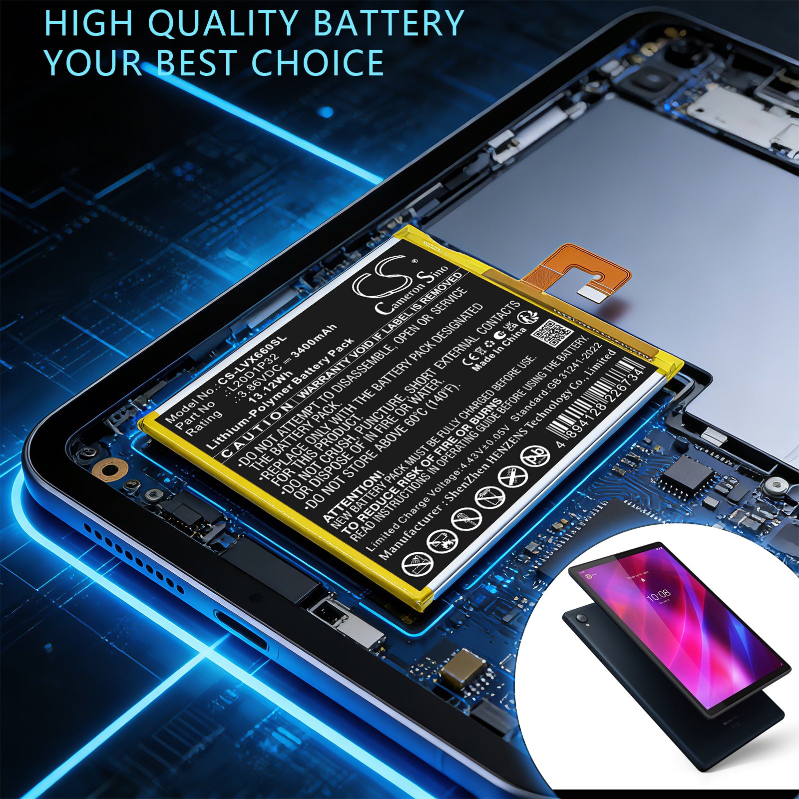 3.86V, Li-Polymer, 3400mAh, Battery fits Lenovo TB-X6C6F, TB-X6C6X, 13.12Wh Tablet Cameron Sino Technology Limited