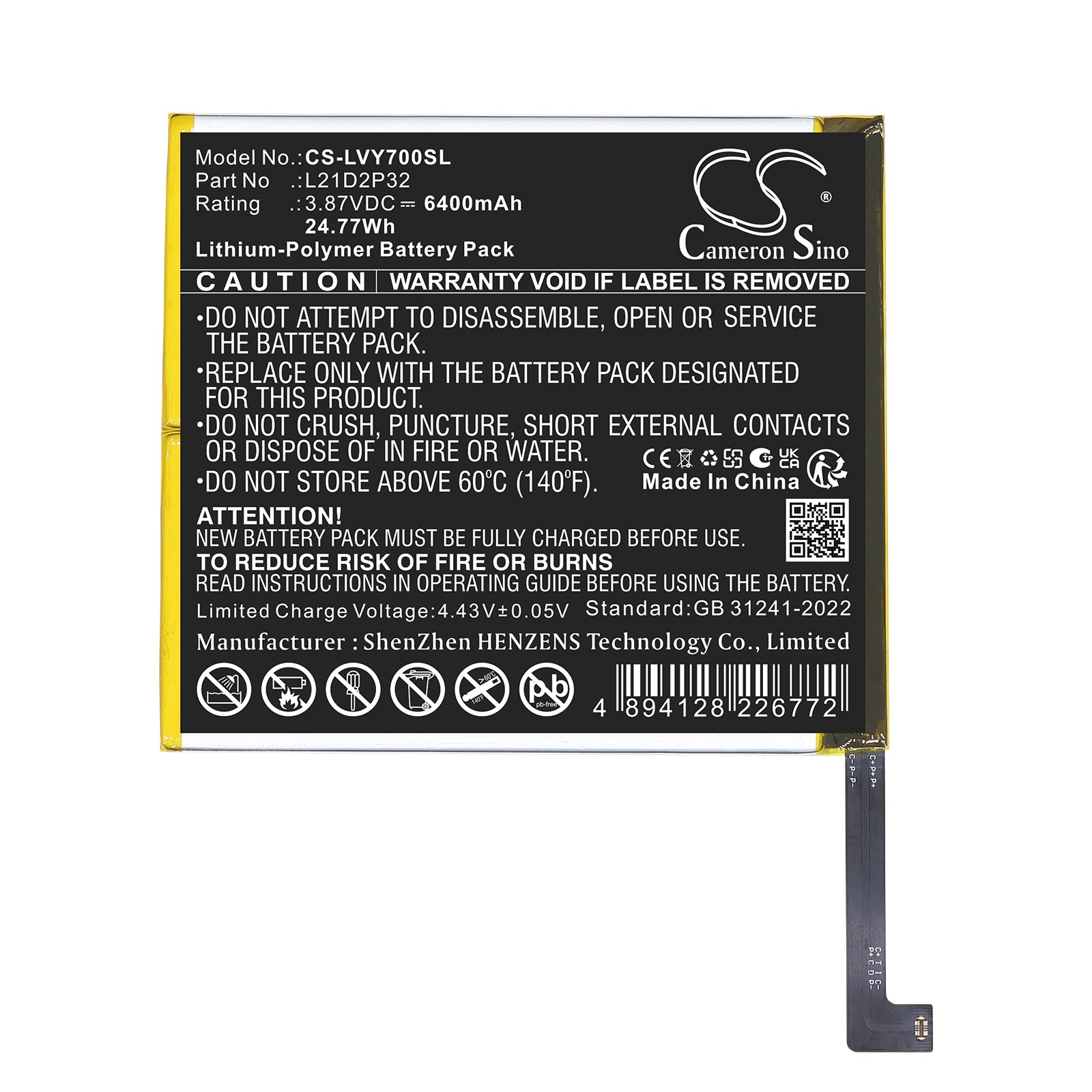 3.87V, Li-Polymer, 6400mAh, Battery fits Lenovo Legion Y700, TB-9707F, 24.77Wh Tablet Cameron Sino Technology Limited