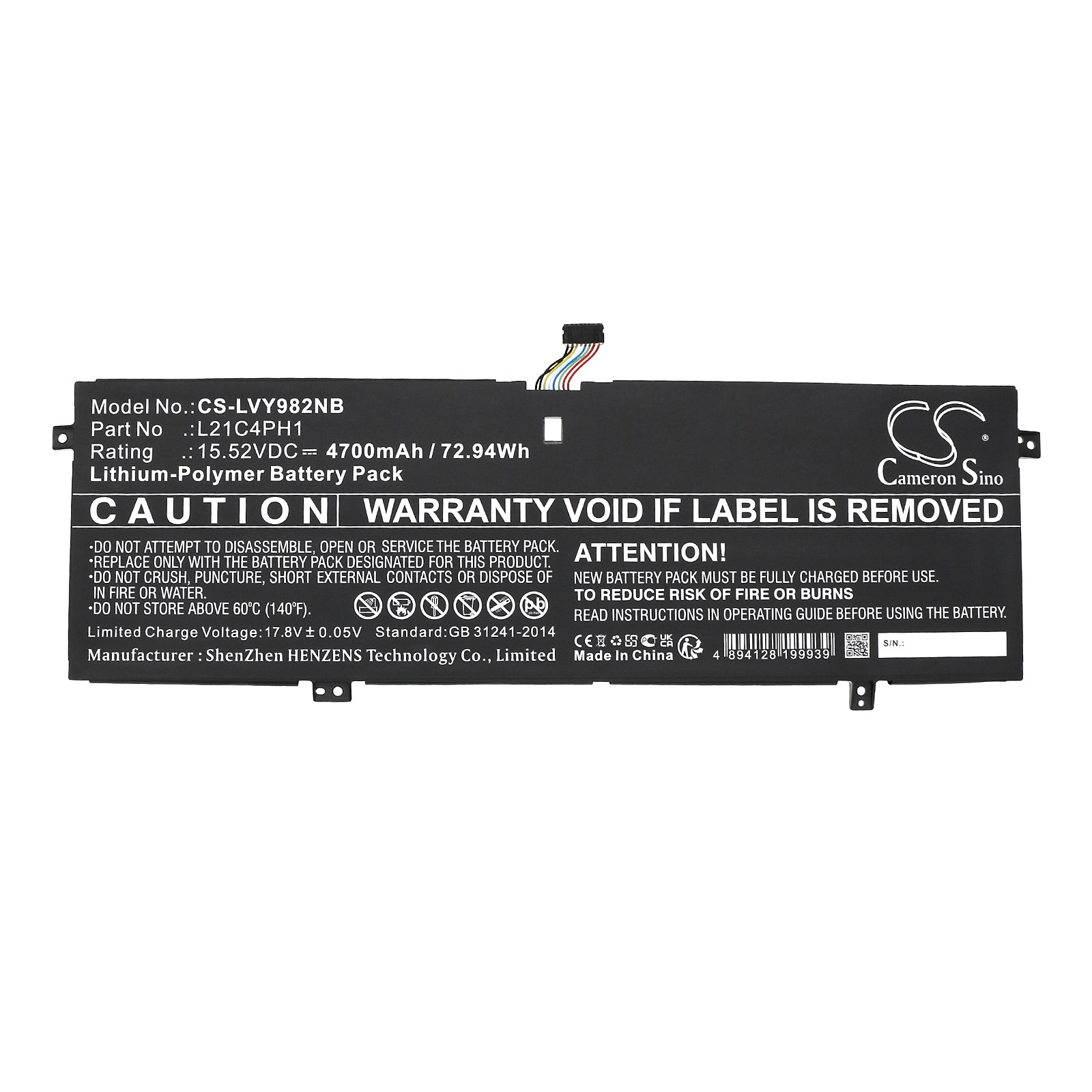 Li-Polymer, Notebook, Laptop Battery fits Lenovo Yoga Slim 9 14iap7 82t00002sp, Yoga Slim 9 14iap7 82t00003ge, 15.52V, 4700mAh Notebook, Laptop Cameron Sino Technology Limited