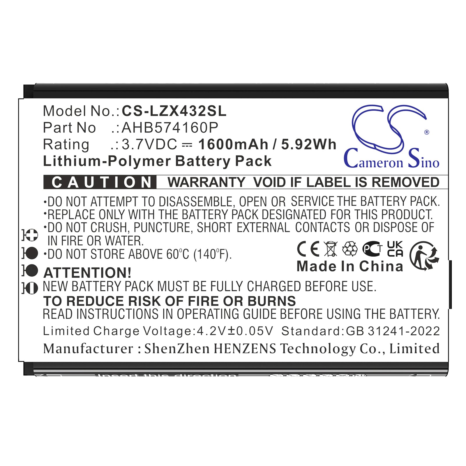 3.7V, Li-Polymer, 1600mAh, Battery fits Launch X431, X431 Diagun, 5.92Wh Diagnostic Scanner Cameron Sino Technology Limited