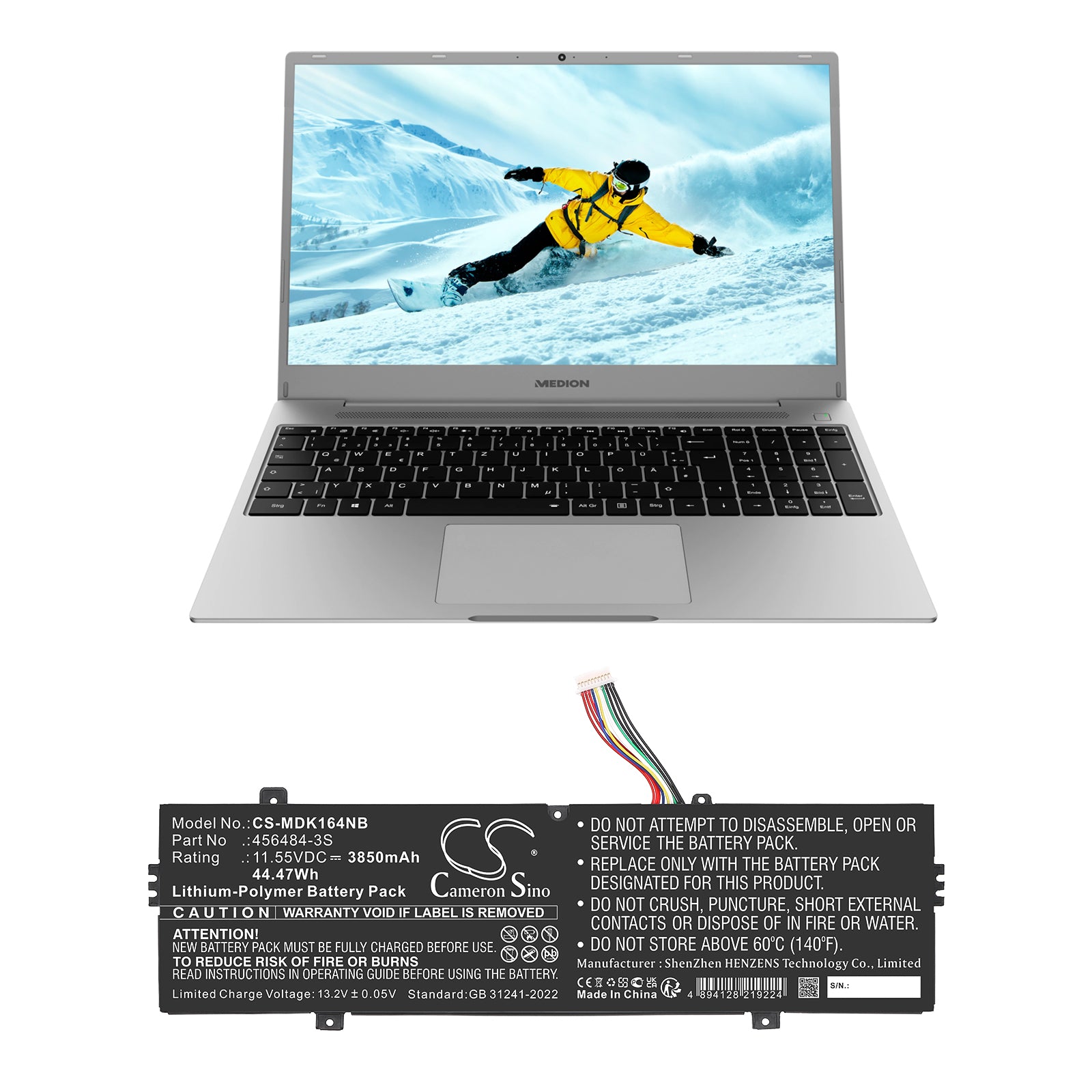 11.55V, Li-Polymer, 3850mAh, Battery fits Medion Akoya E14303 (NS14AR), Akoya E14304 (NS14AR), 44.47Wh Notebook, Laptop Cameron Sino Technology Limited