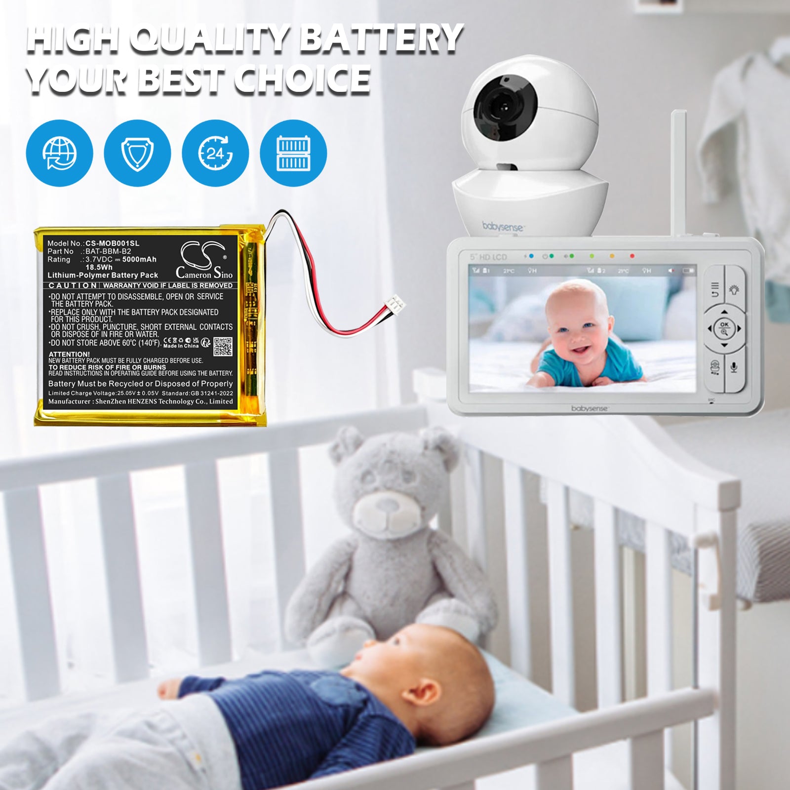 3.7V, Li-Polymer, 5000mAh, Battery fits Babysense HD S2 | Bonoch BBM03, BBM05, 18.5Wh BabyPhone Cameron Sino Technology Limited