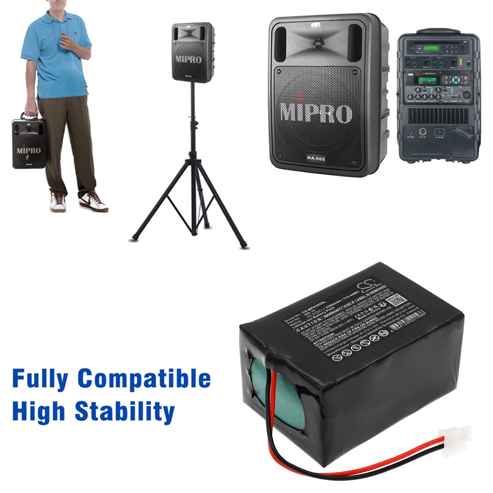 22.2V, Li-ion, 5200mAh, Battery fits Mipro MA-505, MA-505 Portable Wireless PA System, 115.44Wh Speaker Cameron Sino Technology Limited