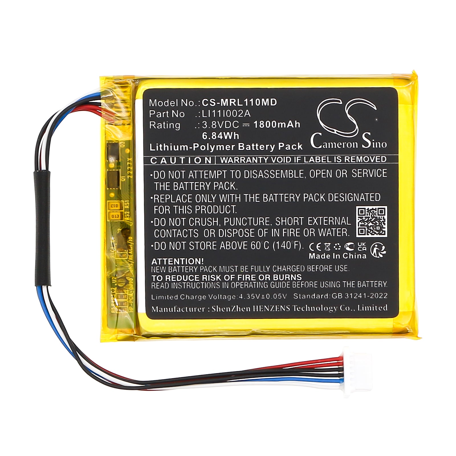 3.8V, Li-Polymer, 1800mAh, Battery fits , 6.84Wh Medical Cameron Sino Technology Limited
