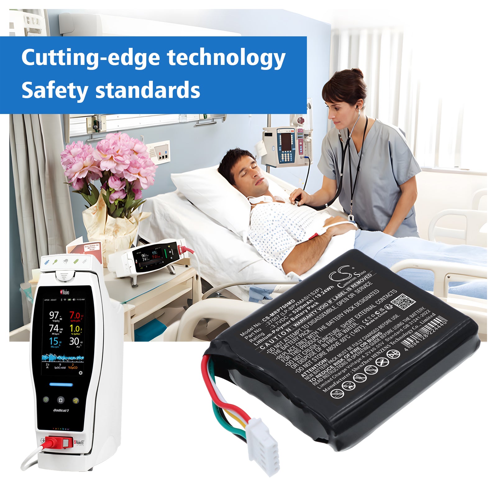 3.7V, Li-Polymer, 5200mAh, Battery fits Masimo Oxymetre DE Pouls Radical-7, Radical 7 Pulse Oximeter, 19.24Wh Medical Cameron Sino Technology Limited