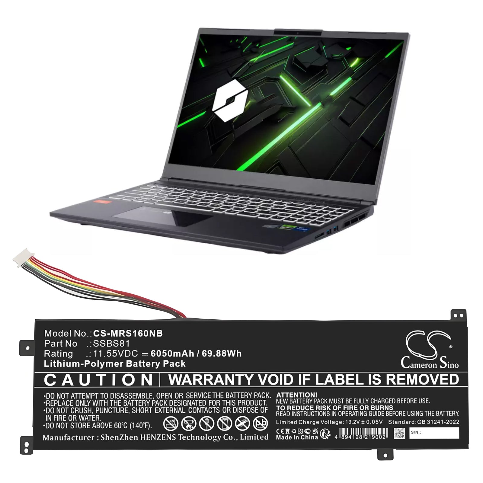 11.55V, Li-Polymer, 6050mAh, Battery fits Mechrevo 16 Pro, 16HD-5BB6U 16HDS-7BB6U, 69.88Wh Notebook, Laptop Cameron Sino Technology Limited