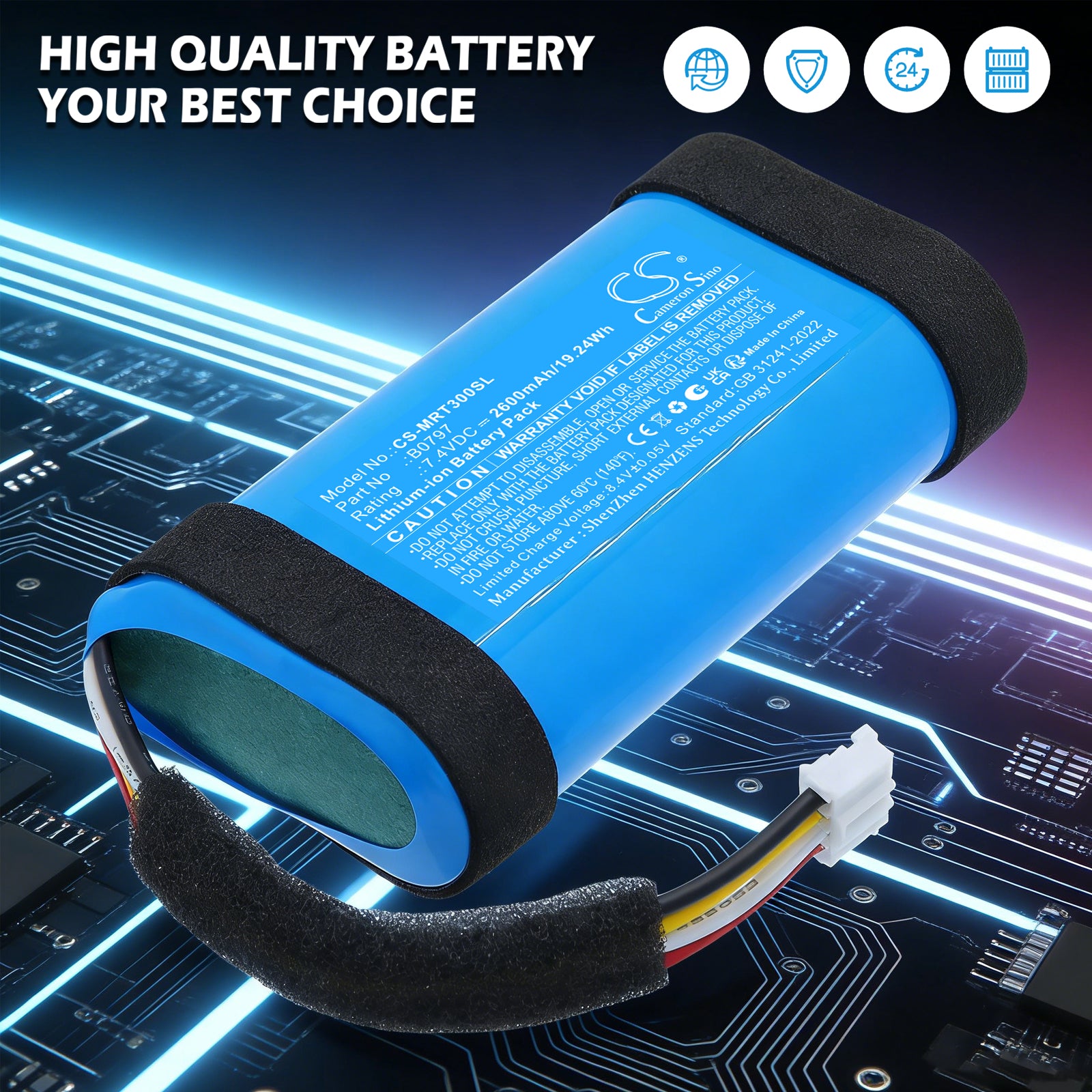 7.4V, Li-ion, 2600mAh, Battery fits Marshall Emberton 3, Emberton III, 19.24Wh Speaker Cameron Sino Technology Limited