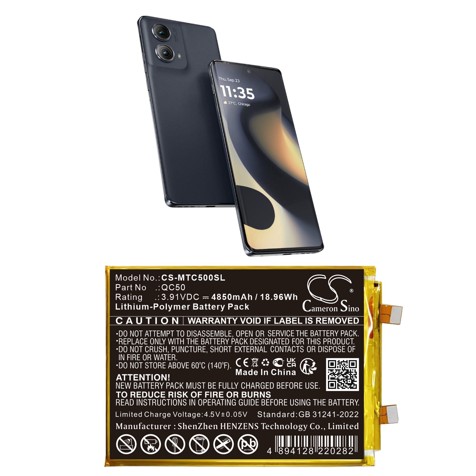 3.91V, Li-Polymer, 4850mAh, Battery fits Motorola Moto Edge 2024, Moto Edge 2024 5G, 18.96Wh Mobile, SmartPhone Cameron Sino Technology Limited