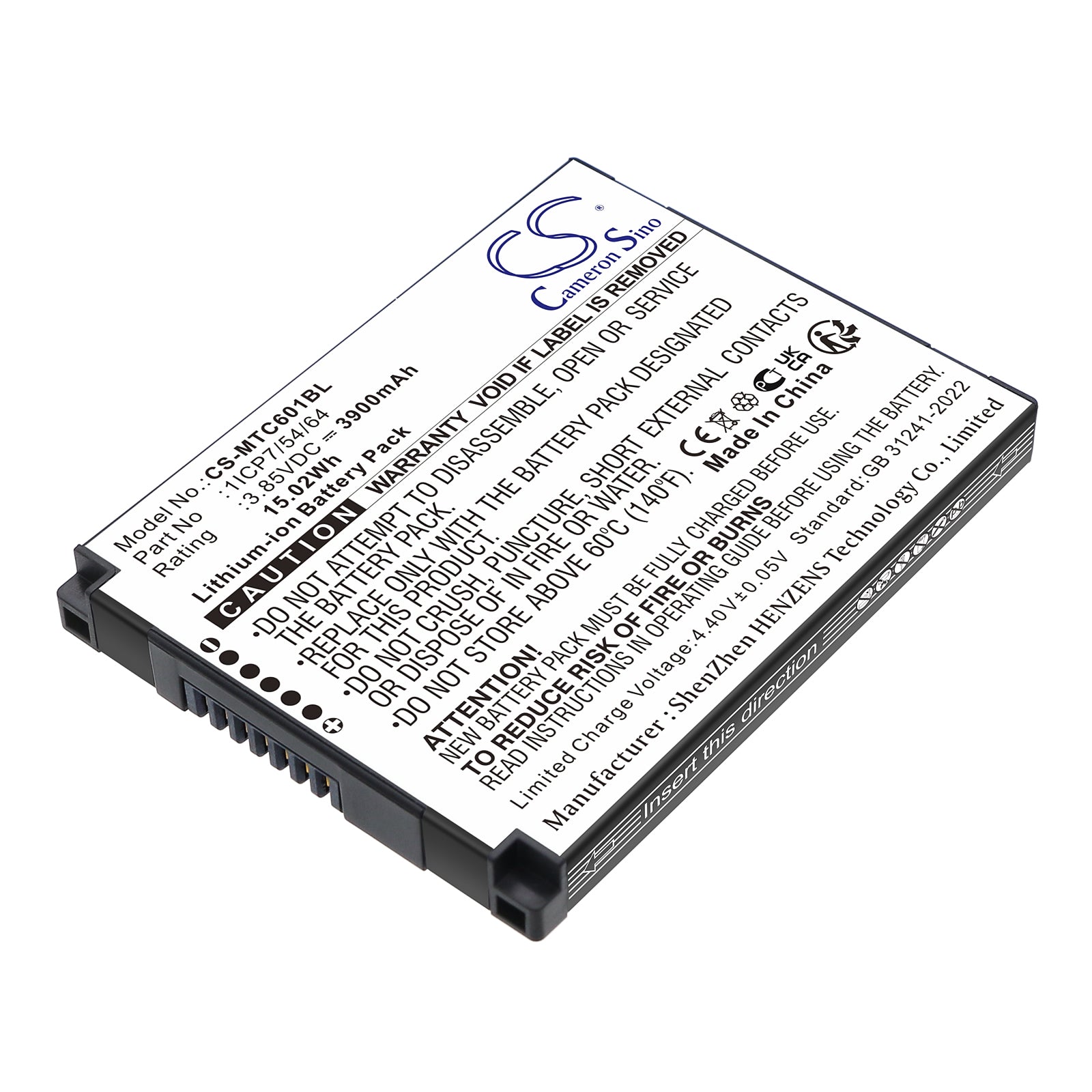 3.85V, Li-ion, 3900mAh, Battery fits iMozen TC601, TC601A, 15.02Wh Barcode Scanner Cameron Sino Technology Limited