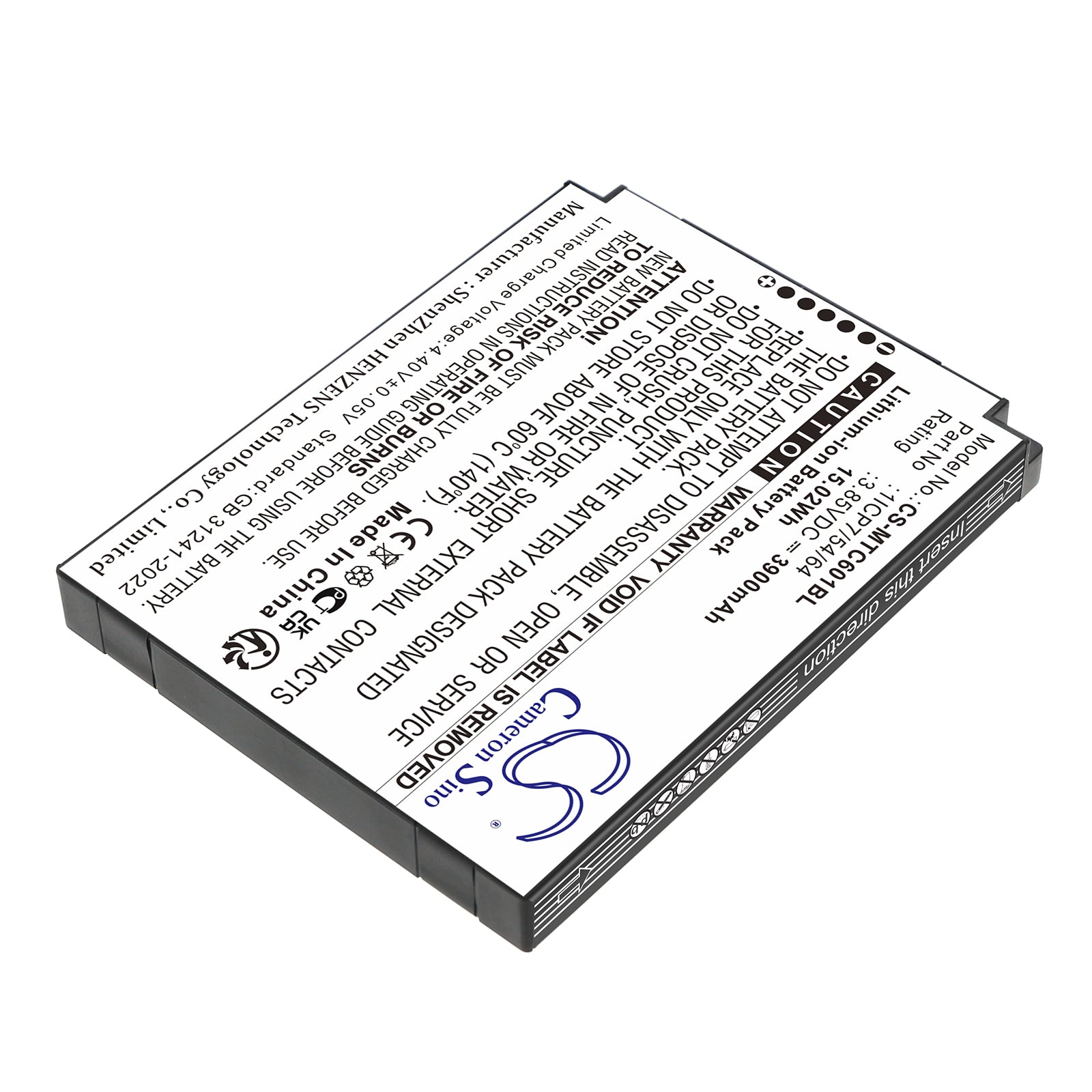 3.85V, Li-ion, 3900mAh, Battery fits iMozen TC601, TC601A, 15.02Wh Barcode Scanner Cameron Sino Technology Limited