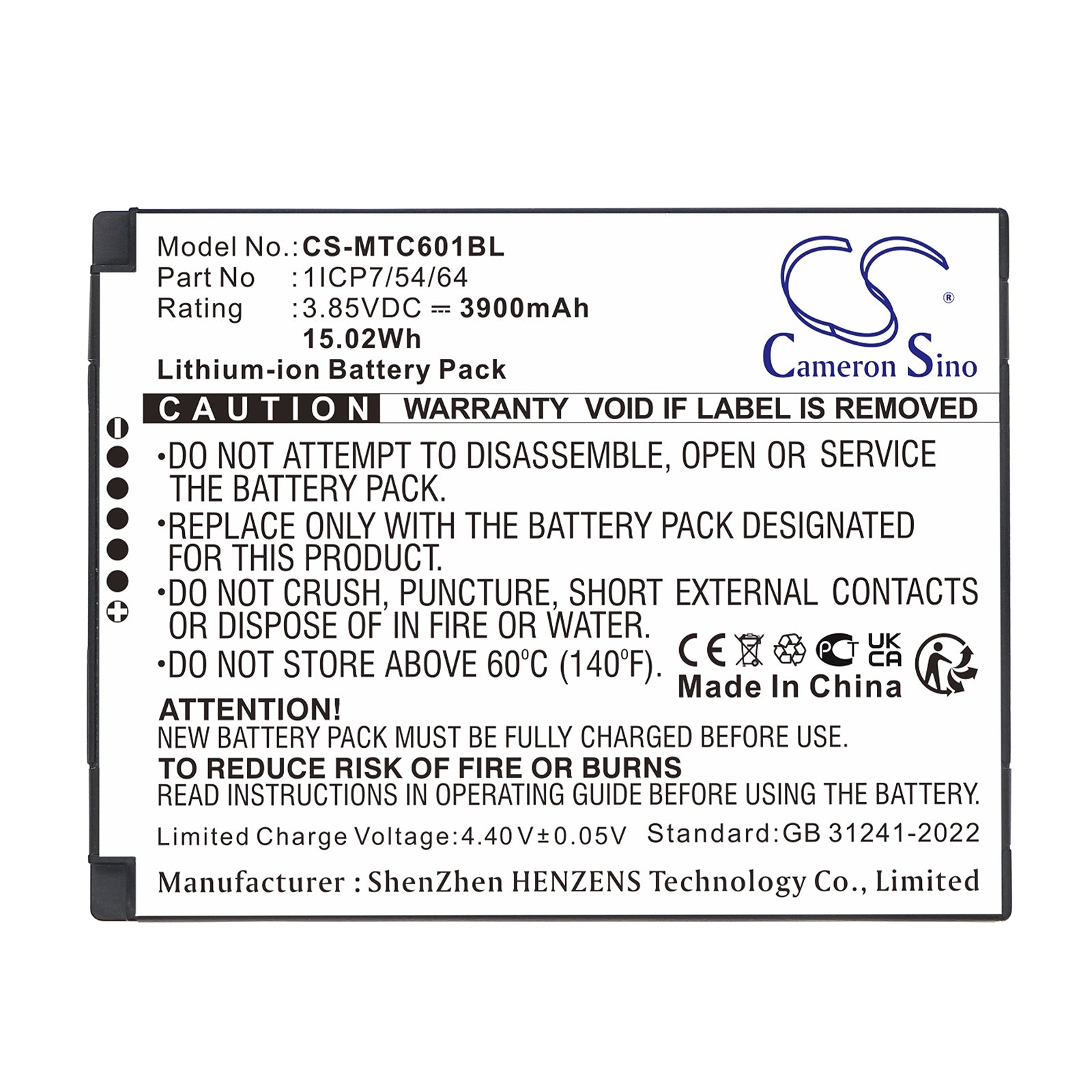 3.85V, Li-ion, 3900mAh, Battery fits iMozen TC601, TC601A, 15.02Wh Barcode Scanner Cameron Sino Technology Limited