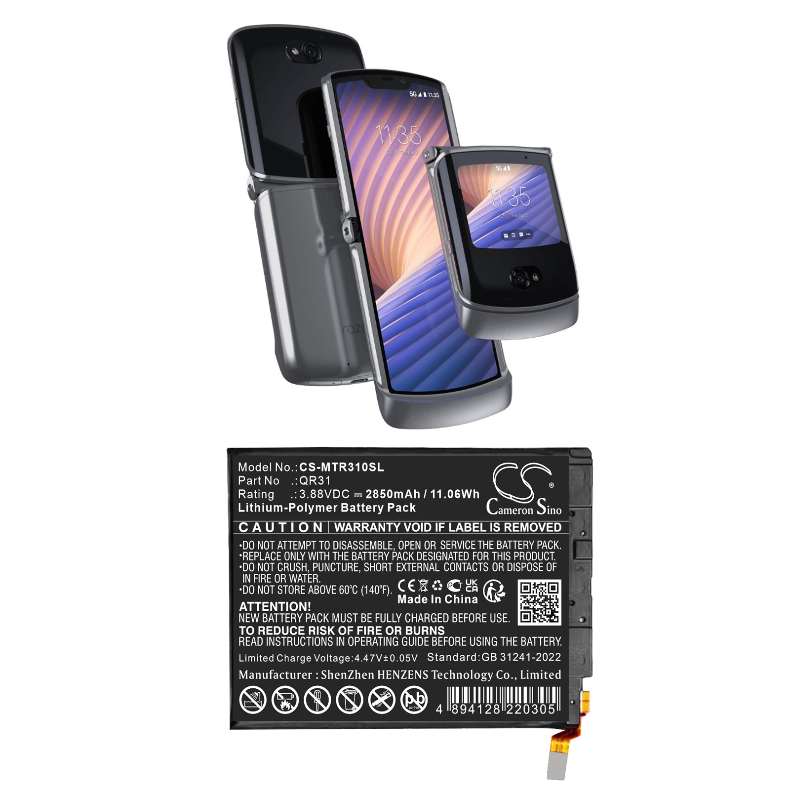 3.88V, Li-Polymer, 2850mAh, Battery fits Motorola RAZR 50d 5G 2024, Razr 2024 5G, 11.06Wh Mobile, SmartPhone Cameron Sino Technology Limited