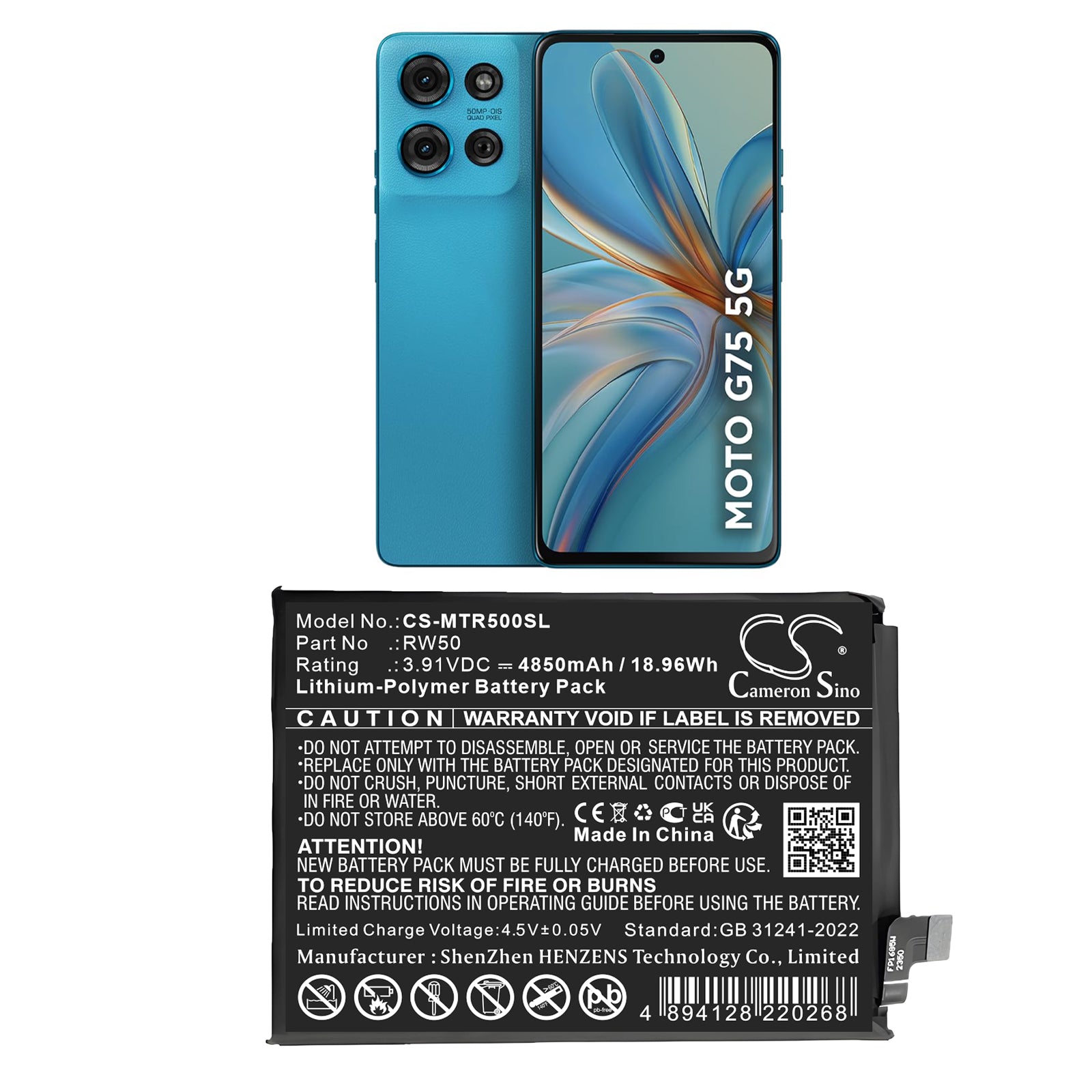 3.91V, Li-Polymer, 4850mAh, Battery fits Motorola RW50, 18.96Wh Mobile, SmartPhone Cameron Sino Technology Limited