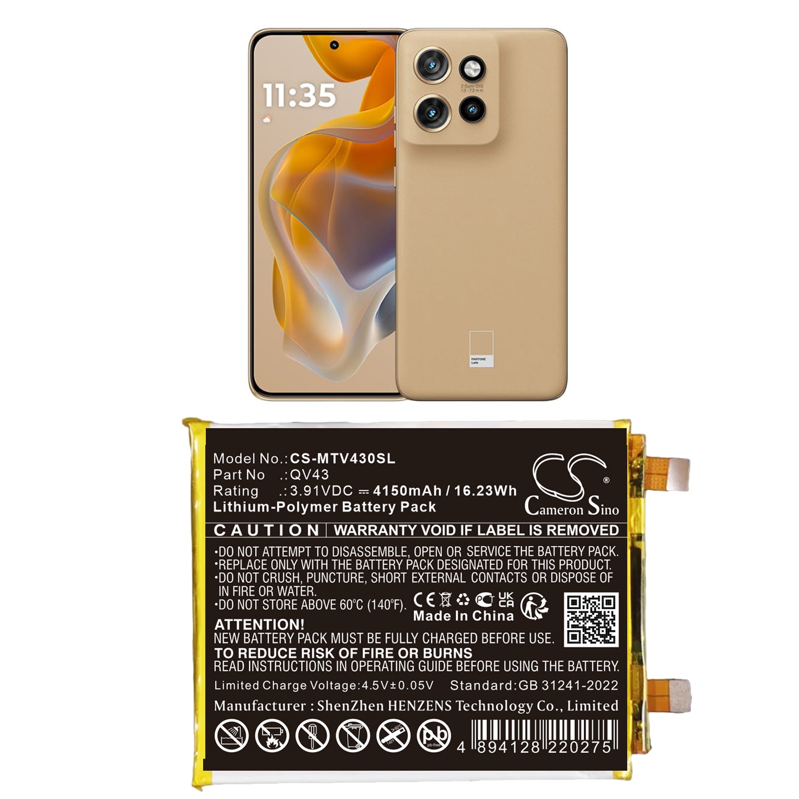 3.91V, Li-Polymer, 4150mAh, Battery fits Motorola Moto Edge 50 Neo 5G, Moto S50 5G, 16.23Wh Mobile, SmartPhone Cameron Sino Technology Limited