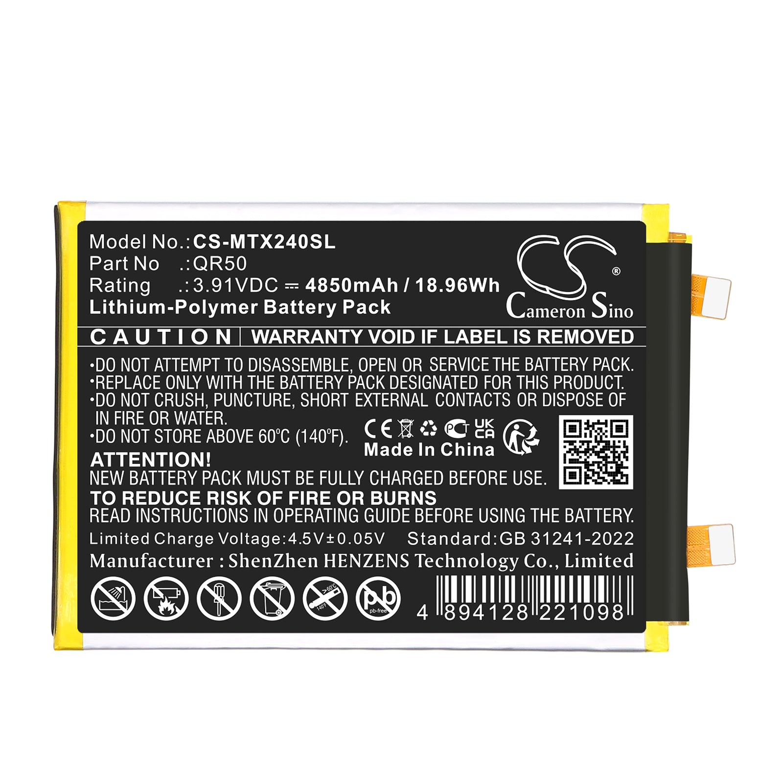 3.91V, Li-Polymer, 4850mAh, Battery fits Motorola Moto Edge 50 5G, XT2407, 18.96Wh Mobile, SmartPhone Cameron Sino Technology Limited
