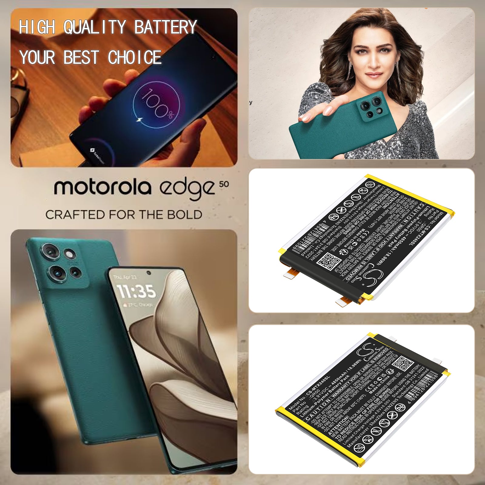 3.91V, Li-Polymer, 4850mAh, Battery fits Motorola Moto Edge 50 5G, XT2407, 18.96Wh Mobile, SmartPhone Cameron Sino Technology Limited