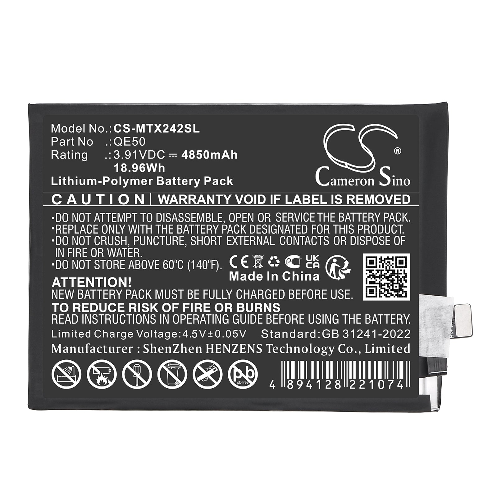 3.91V, Li-Polymer, 4850mAh, Battery fits Motorola Moto G85 5G, Moto S50 Neo 5G, 18.96Wh Mobile, SmartPhone Cameron Sino Technology Limited
