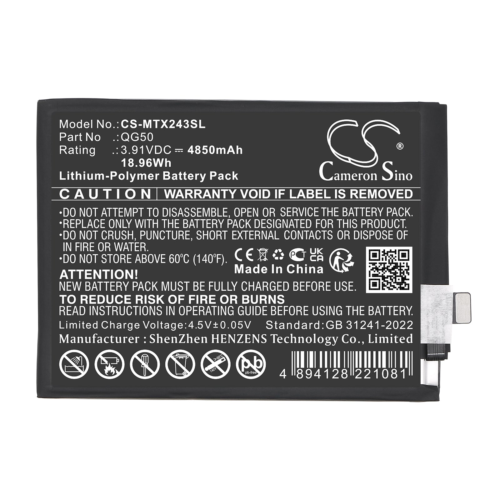 3.91V, Li-Polymer, 4850mAh, Battery fits Motorola Moto G35 5G, XT2433-1, 18.96Wh Mobile, SmartPhone Cameron Sino Technology Limited