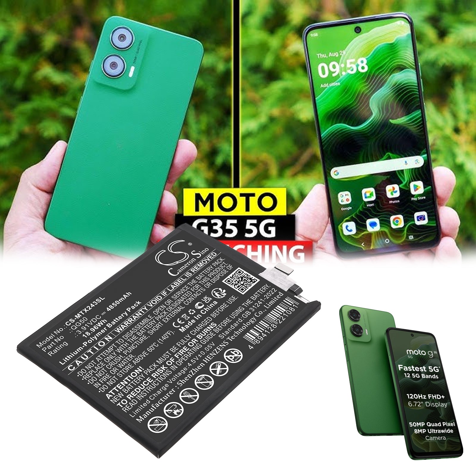 3.91V, Li-Polymer, 4850mAh, Battery fits Motorola Moto G35 5G, XT2433-1, 18.96Wh Mobile, SmartPhone Cameron Sino Technology Limited