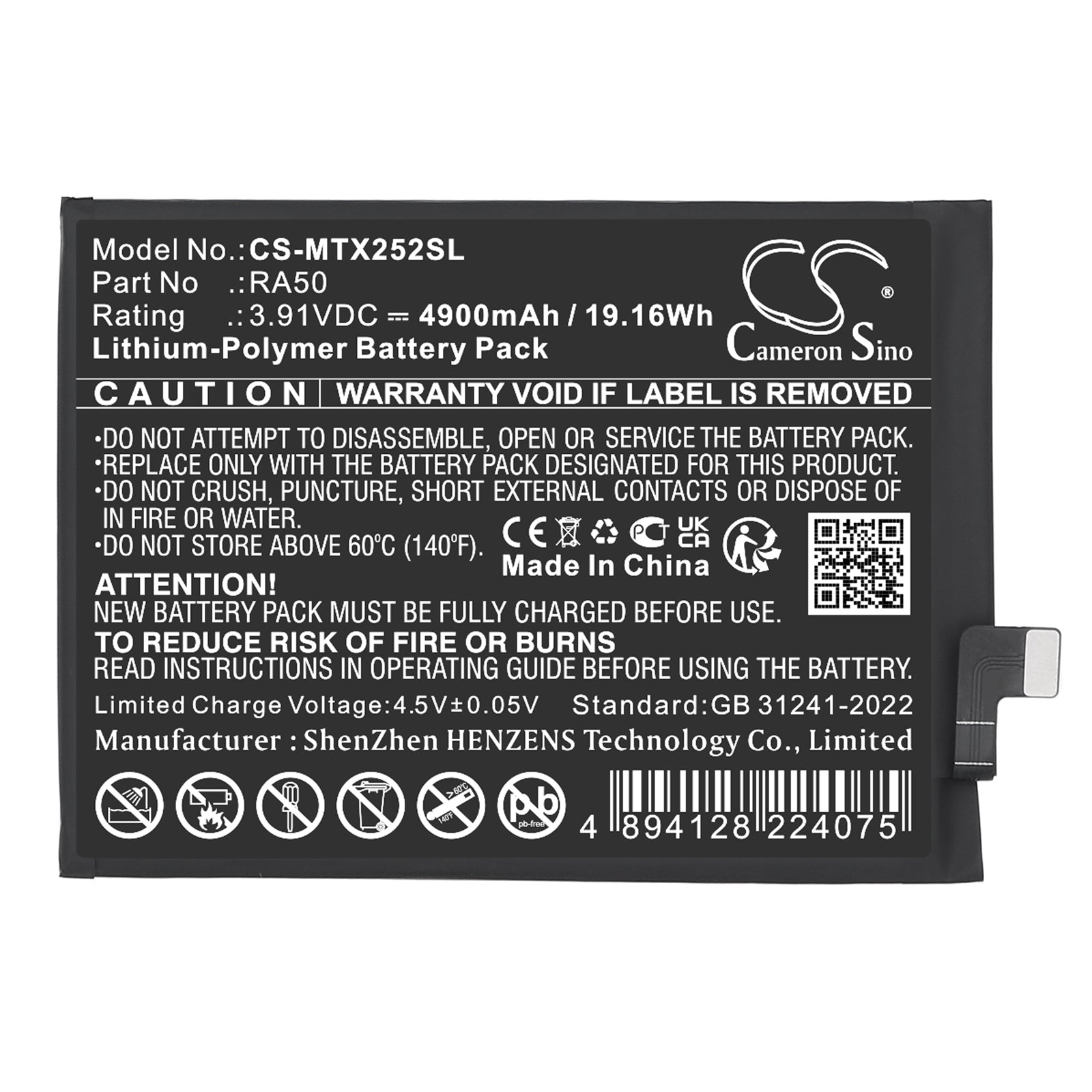 3.91V, Li-Polymer, 4900mAh, Battery fits Motorola Moto G 5G 2025, Moto G15 NFC 2025, 19.16Wh Mobile, SmartPhone Cameron Sino Technology Limited