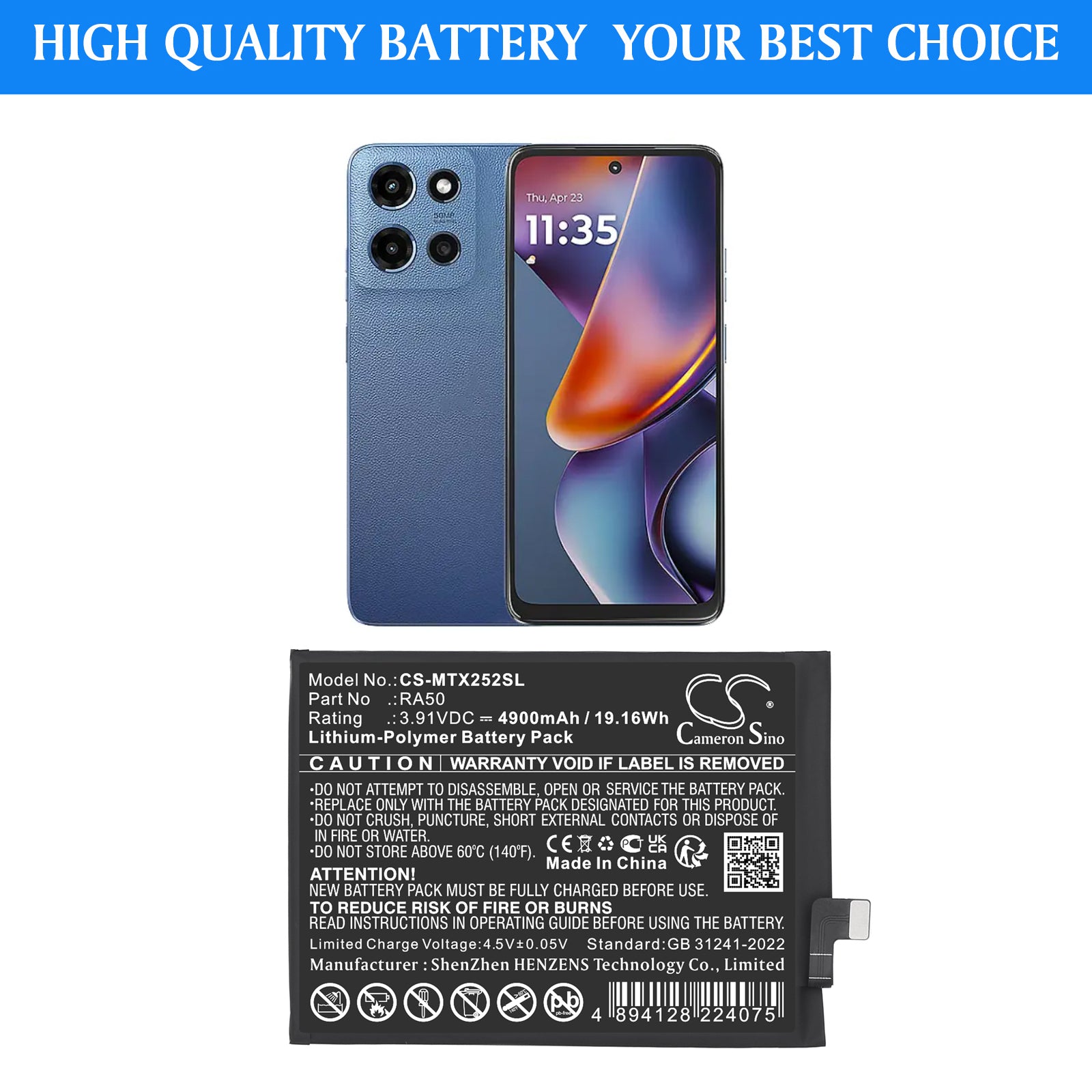 3.91V, Li-Polymer, 4900mAh, Battery fits Motorola Moto G 5G 2025, Moto G15 NFC 2025, 19.16Wh Mobile, SmartPhone Cameron Sino Technology Limited
