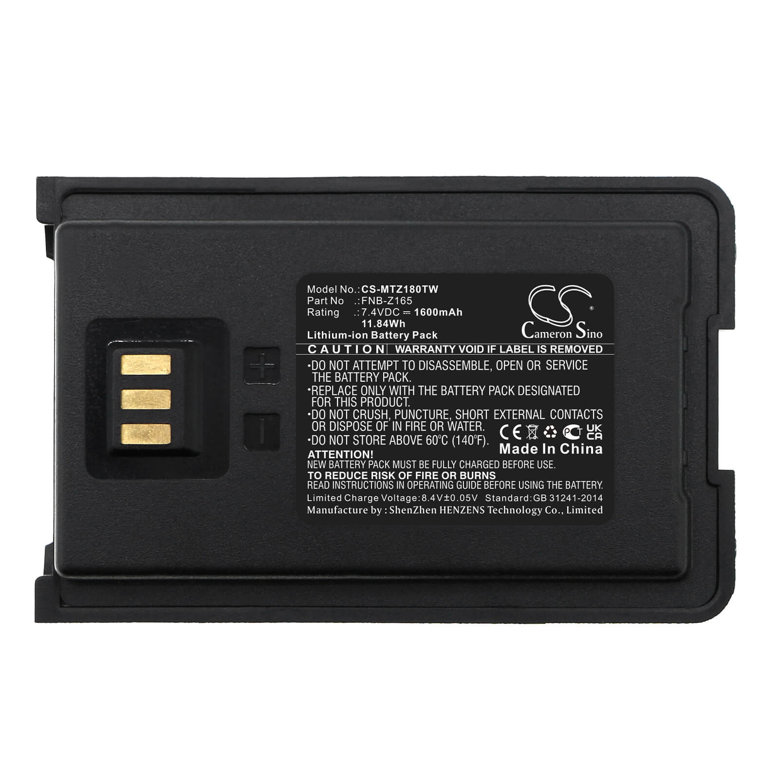 Li-ion Two-Way Radio Battery fits Motorola, Vz-10, Vz-12 7.4V, 1600mAh / 11.84Wh Two-Way Radio Cameron Sino Technology Limited