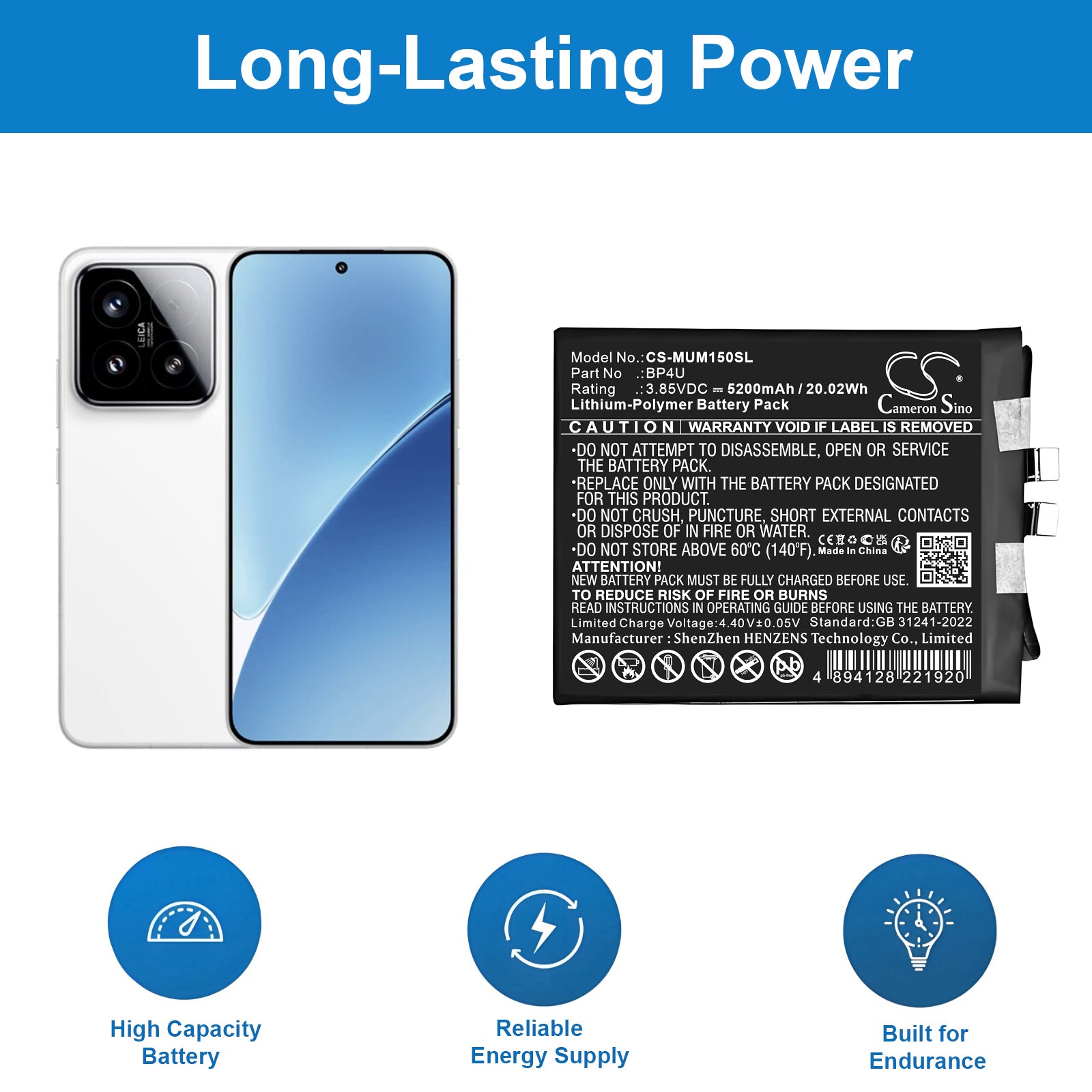 3.85V, Li-Polymer, 5200mAh, Battery fits Xiaomi 24129PN74C, 24129PN74G, 20.02Wh Mobile, SmartPhone Cameron Sino Technology Limited