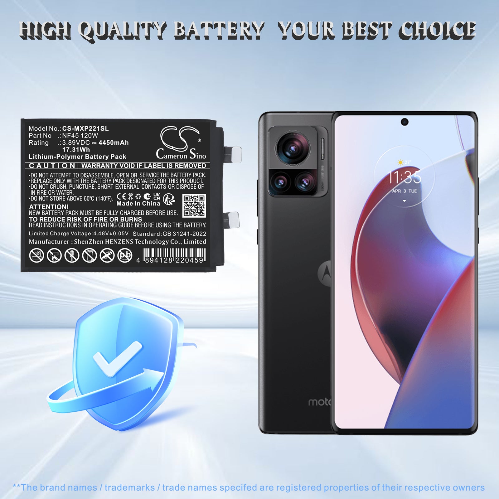 3.89V, Li-Polymer, 4450mAh, Battery fits Motorola Edge 30 Ultra (120W), Moto X30 Pro (120W), 17.31Wh Mobile, SmartPhone Cameron Sino Technology Limited