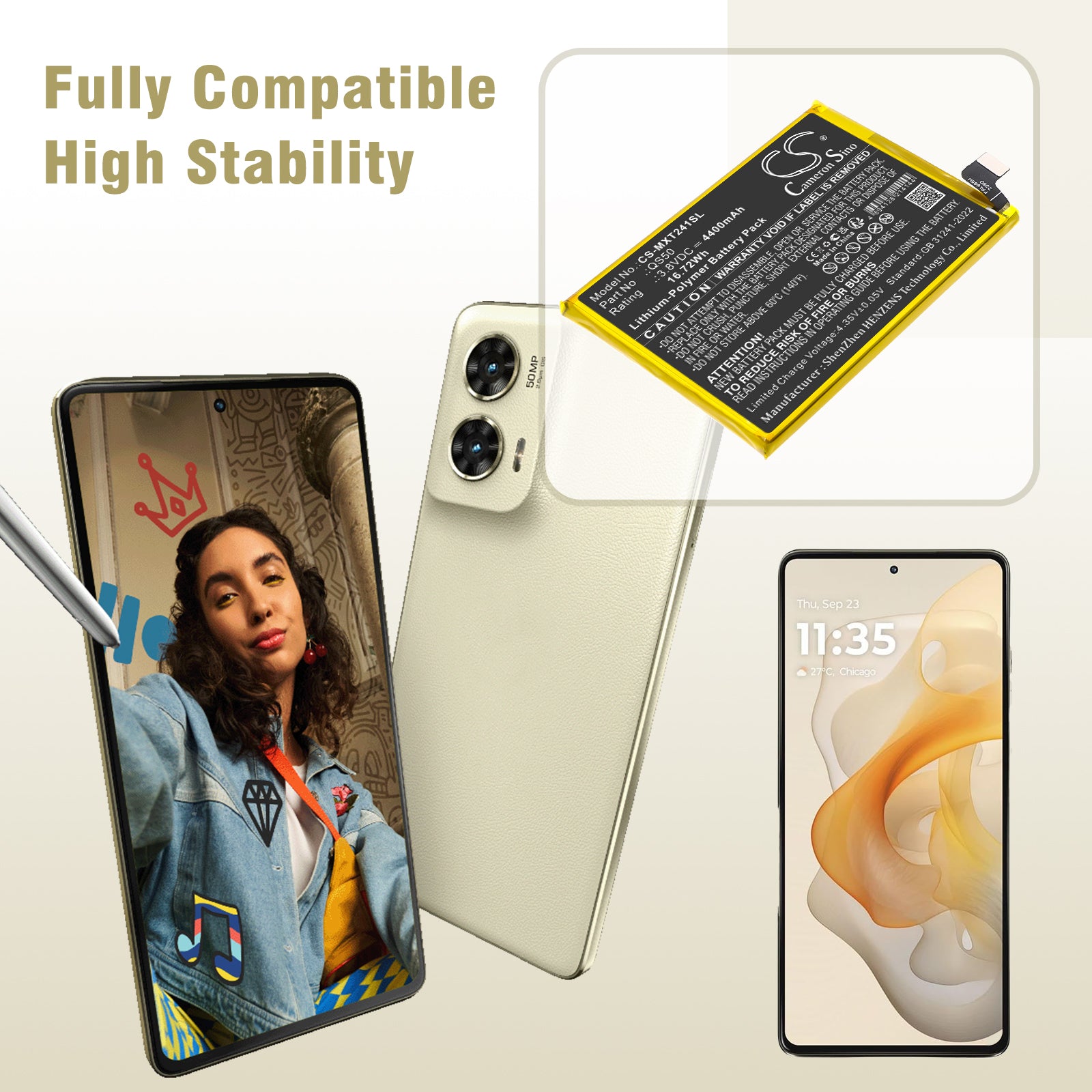 3.8V, Li-Polymer, 4400mAh, Battery fits Motorola Moto G Stylus 5G, XT2419 (2024), 16.72Wh Mobile, SmartPhone Cameron Sino Technology Limited