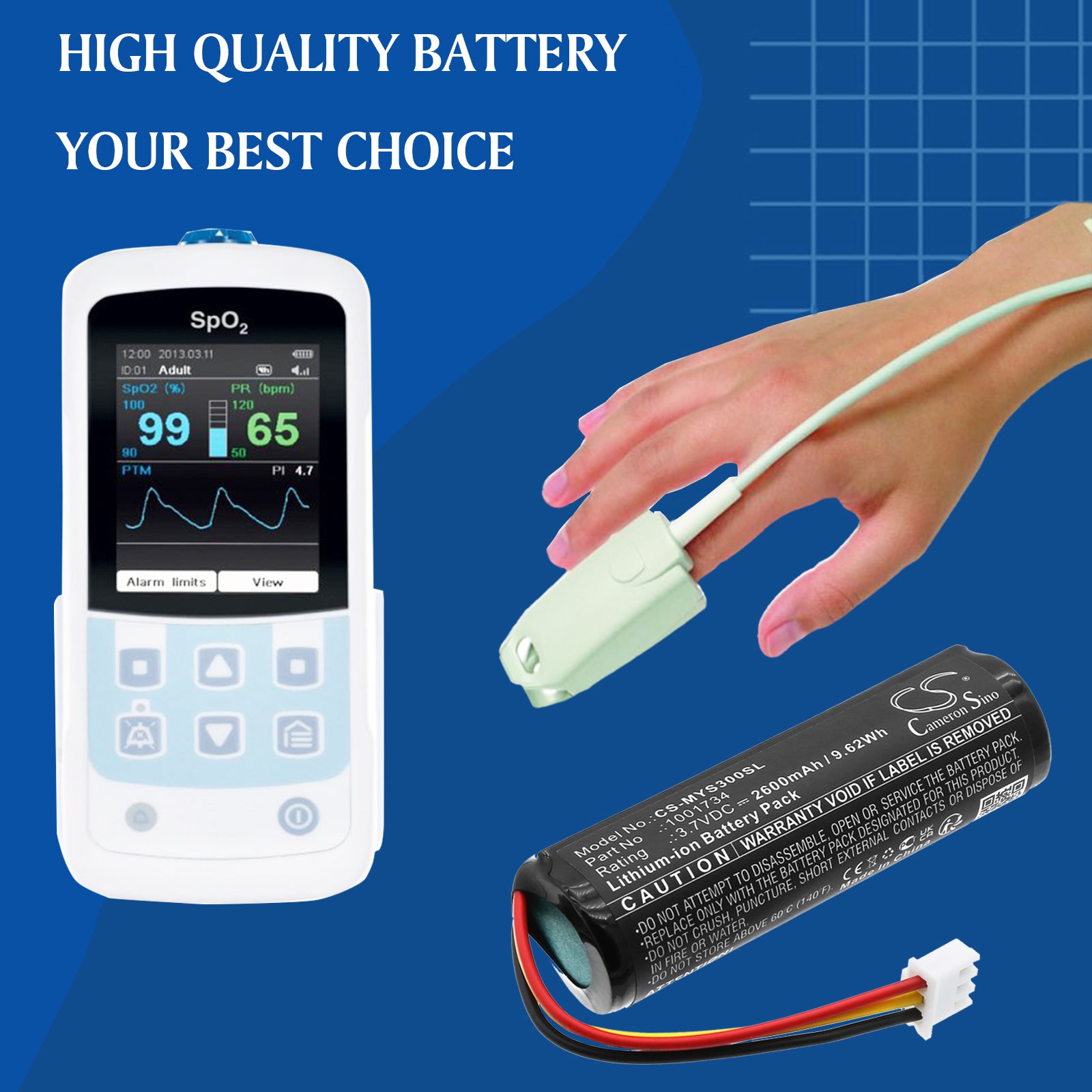 3.7V, Li-ion, 2600mAh, Battery fits Envitec 1001844, MySign O O2 Meter, 9.62Wh Medical Cameron Sino Technology Limited