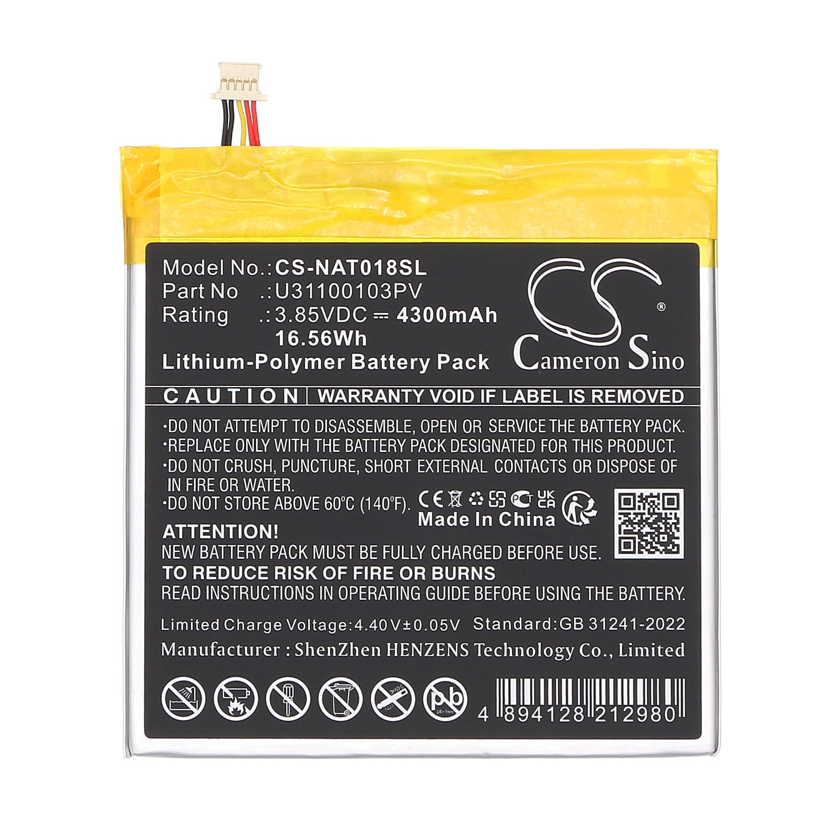 3.85V, Li-Polymer, 4300mAh, Battery fits ONN 100044018G, 100044018p, 16.56Wh Tablet Cameron Sino Technology Limited