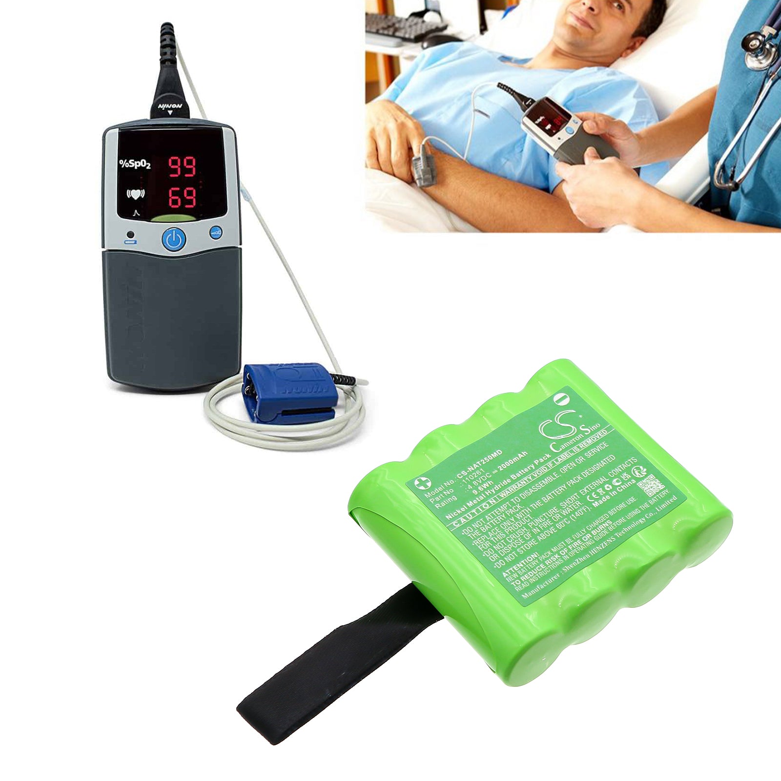 4.8V, Ni-MH, 2000mAh, Battery fits Nonin Palm Sat 2500 Pulse Oximeter, Pulseoximeter Palm SAT 2500, 9.6Wh Medical Cameron Sino Technology Limited